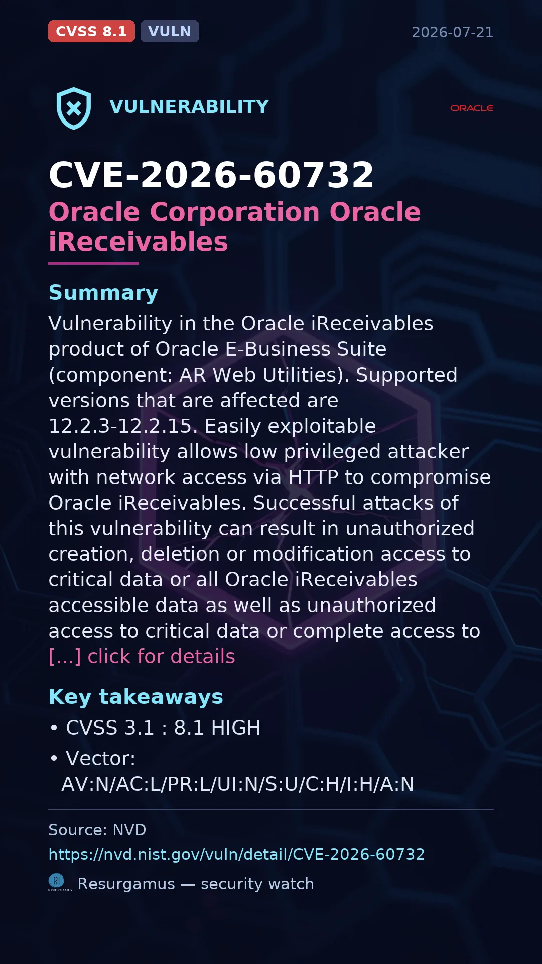 CVE-2026-60732 Oracle Corporation Oracle iReceivables Vulnerability