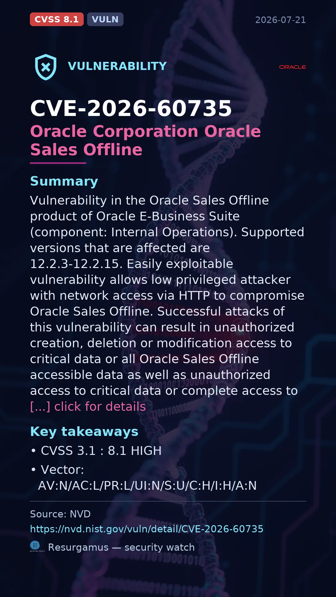 CVE-2026-60735 Oracle Corporation Oracle Sales Offline Vulnerability