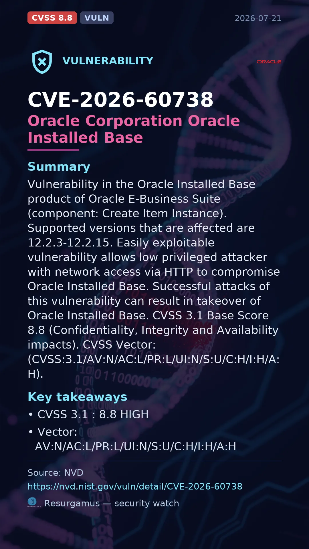 CVE-2026-60738 Oracle Corporation Oracle Installed Base Vulnerability