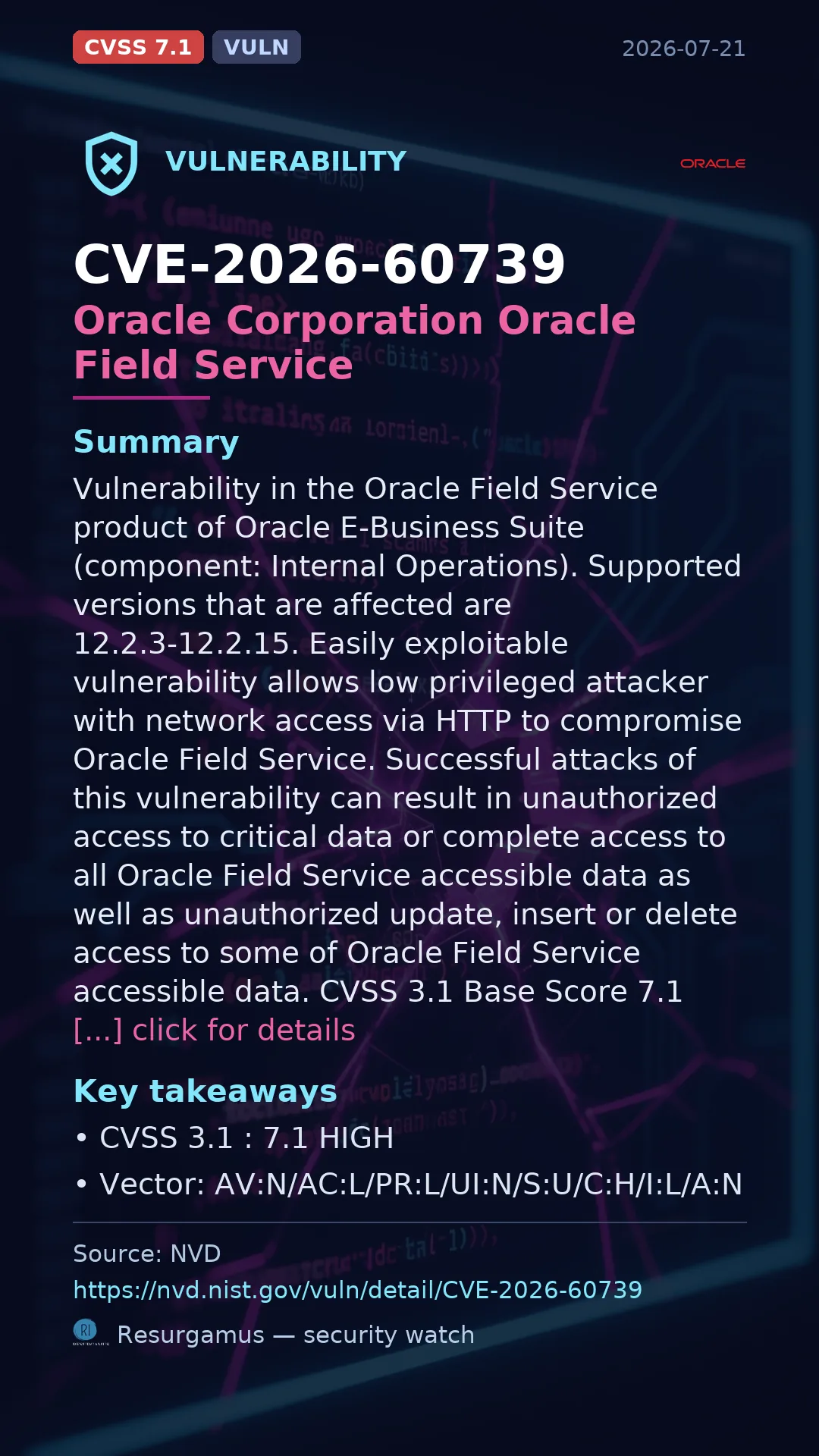 CVE-2026-60739 Oracle Corporation Oracle Field Service Vulnerability