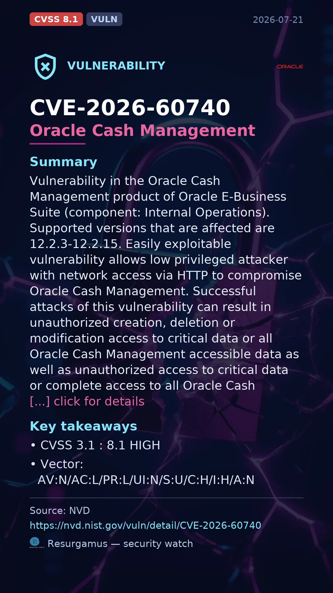 CVE-2026-60740 Oracle Cash Management Vulnerability