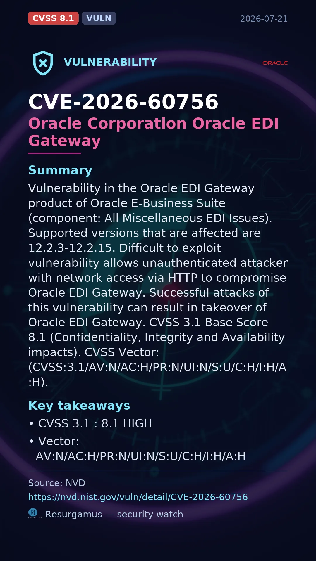 CVE-2026-60756 Oracle Corporation Oracle EDI Gateway Vulnerability