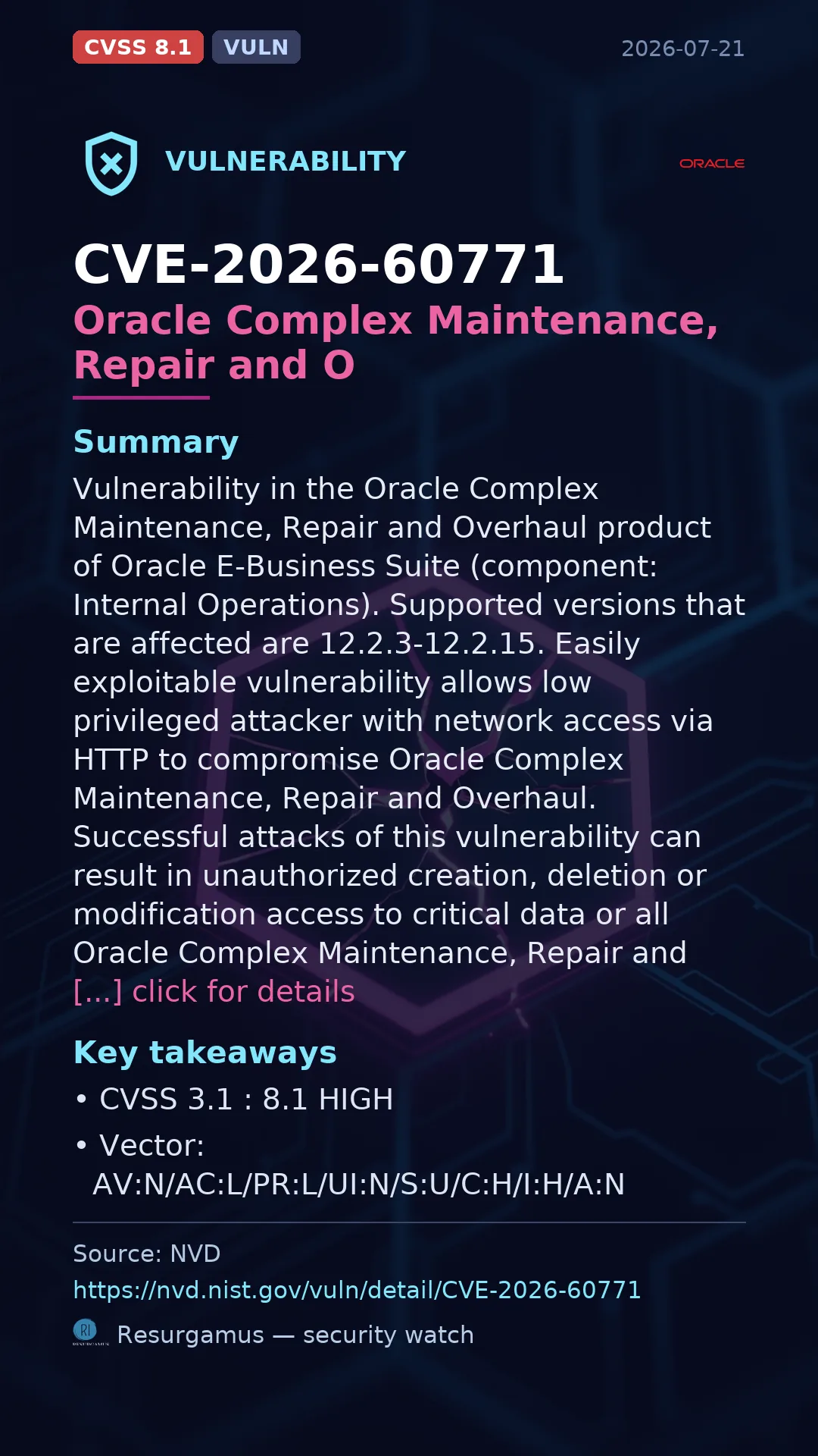 CVE-2026-60771 Oracle Complex Maintenance, Repair and O Vulnerability