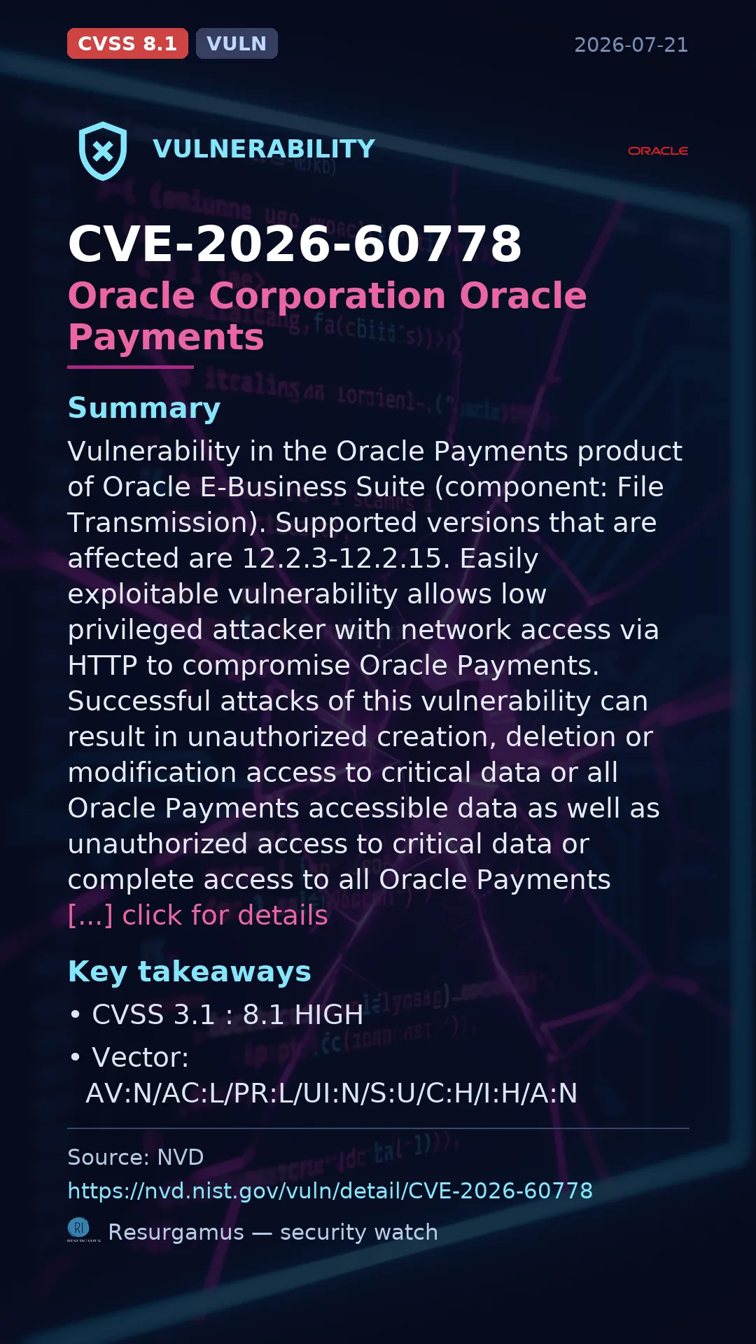CVE-2026-60778 Oracle Corporation Oracle Payments Vulnerability