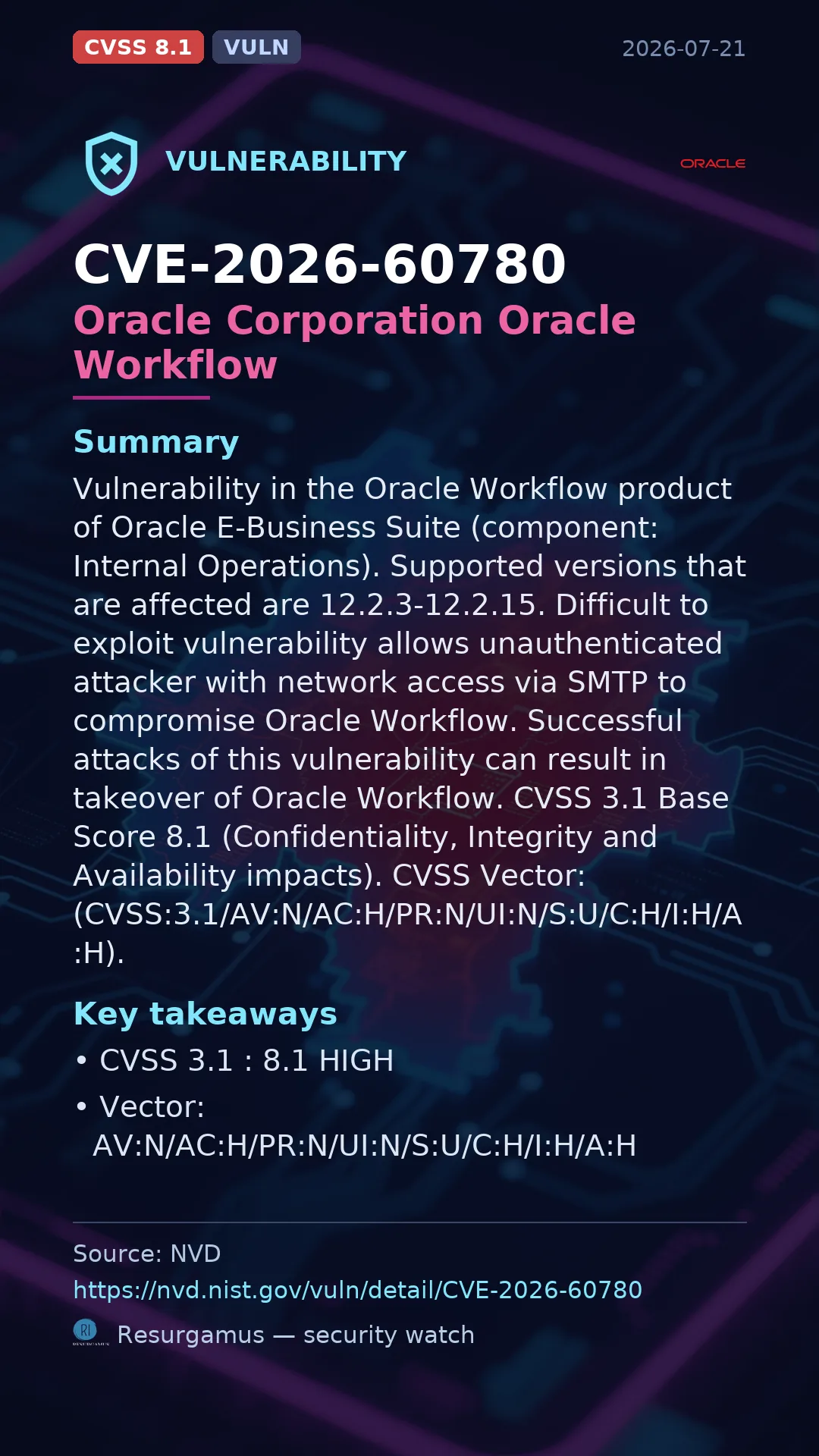 CVE-2026-60780 Oracle Corporation Oracle Workflow Vulnerability