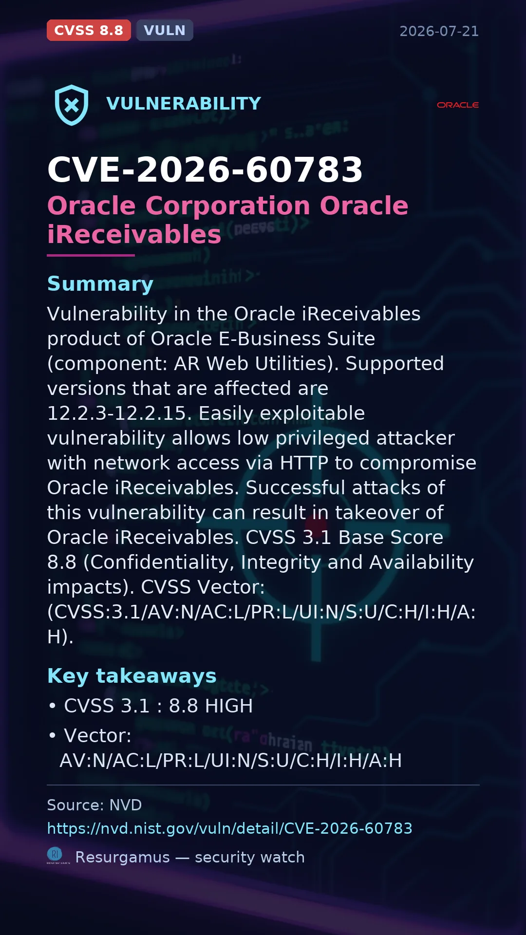 CVE-2026-60783 Oracle Corporation Oracle iReceivables Vulnerability