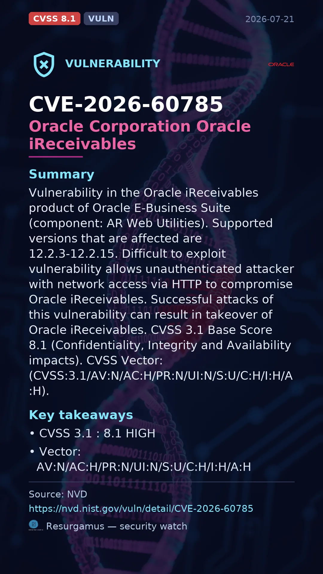 CVE-2026-60785 Oracle Corporation Oracle iReceivables Vulnerability