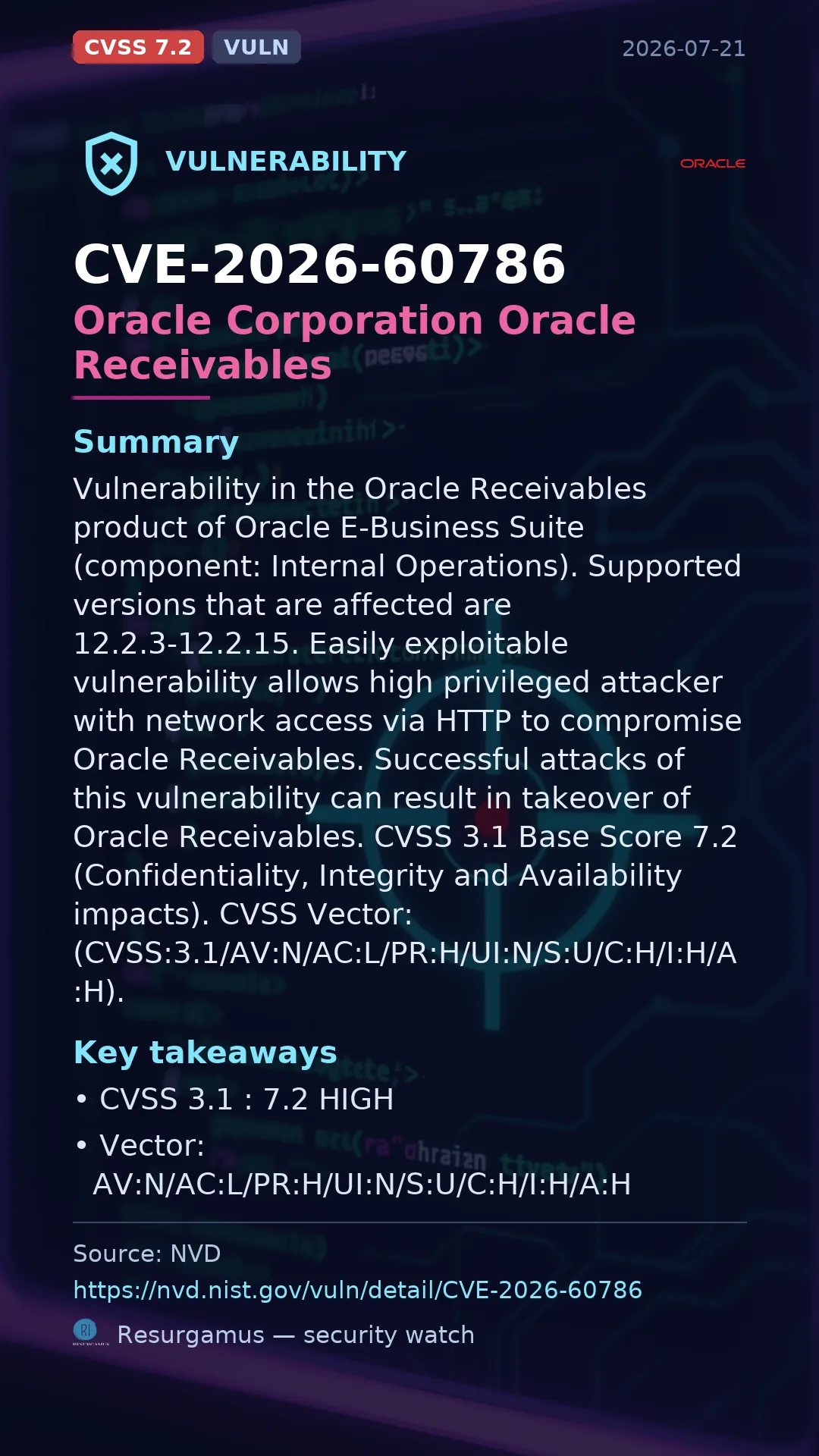 CVE-2026-60786 Oracle Corporation Oracle Receivables Vulnerability