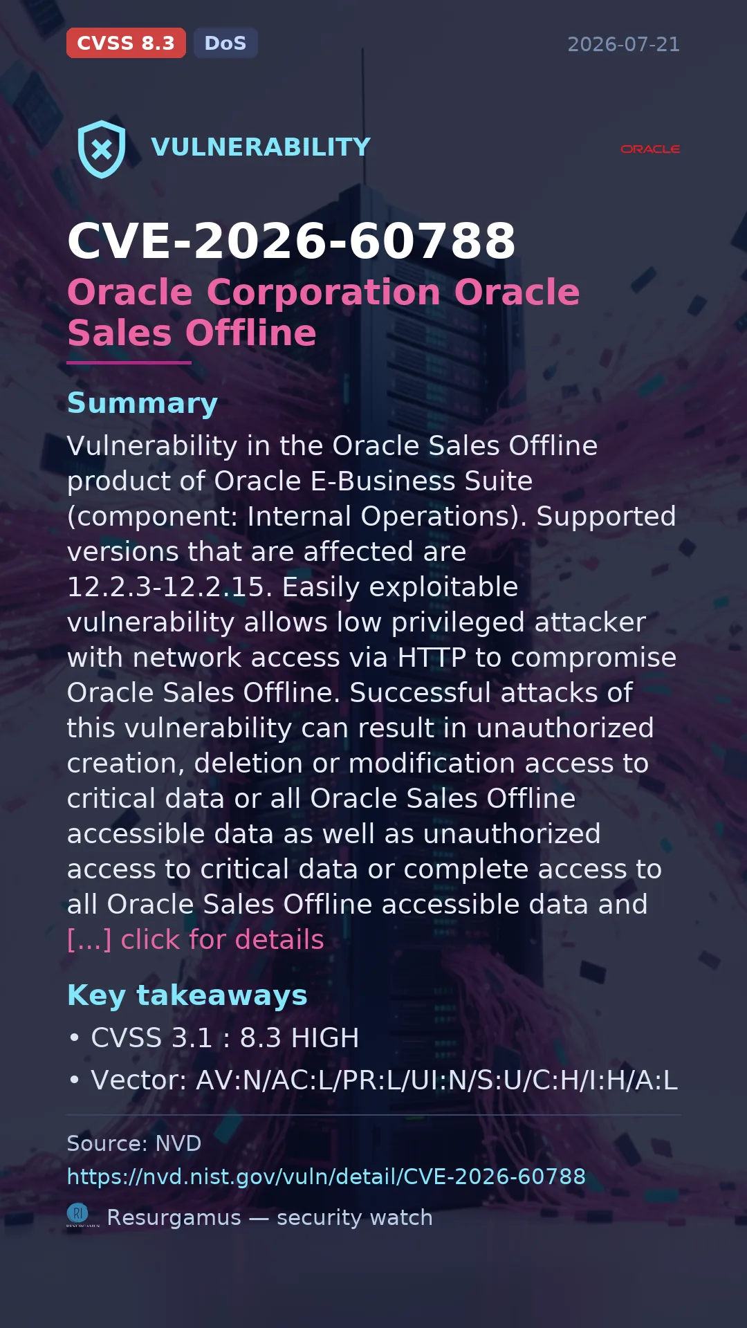 CVE-2026-60788 Oracle Corporation Oracle Sales Offline Vulnerability