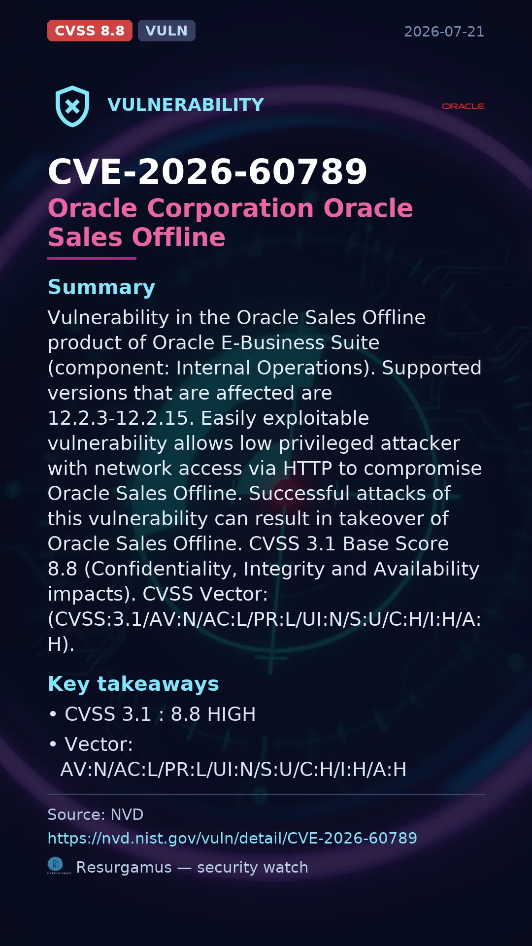 CVE-2026-60789 Oracle Corporation Oracle Sales Offline Vulnerability