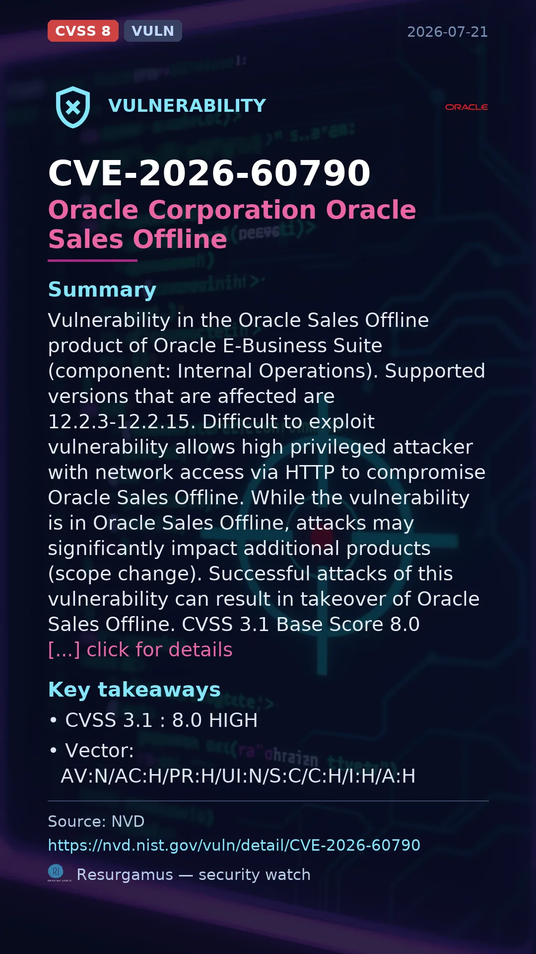 CVE-2026-60790 Oracle Corporation Oracle Sales Offline Vulnerability