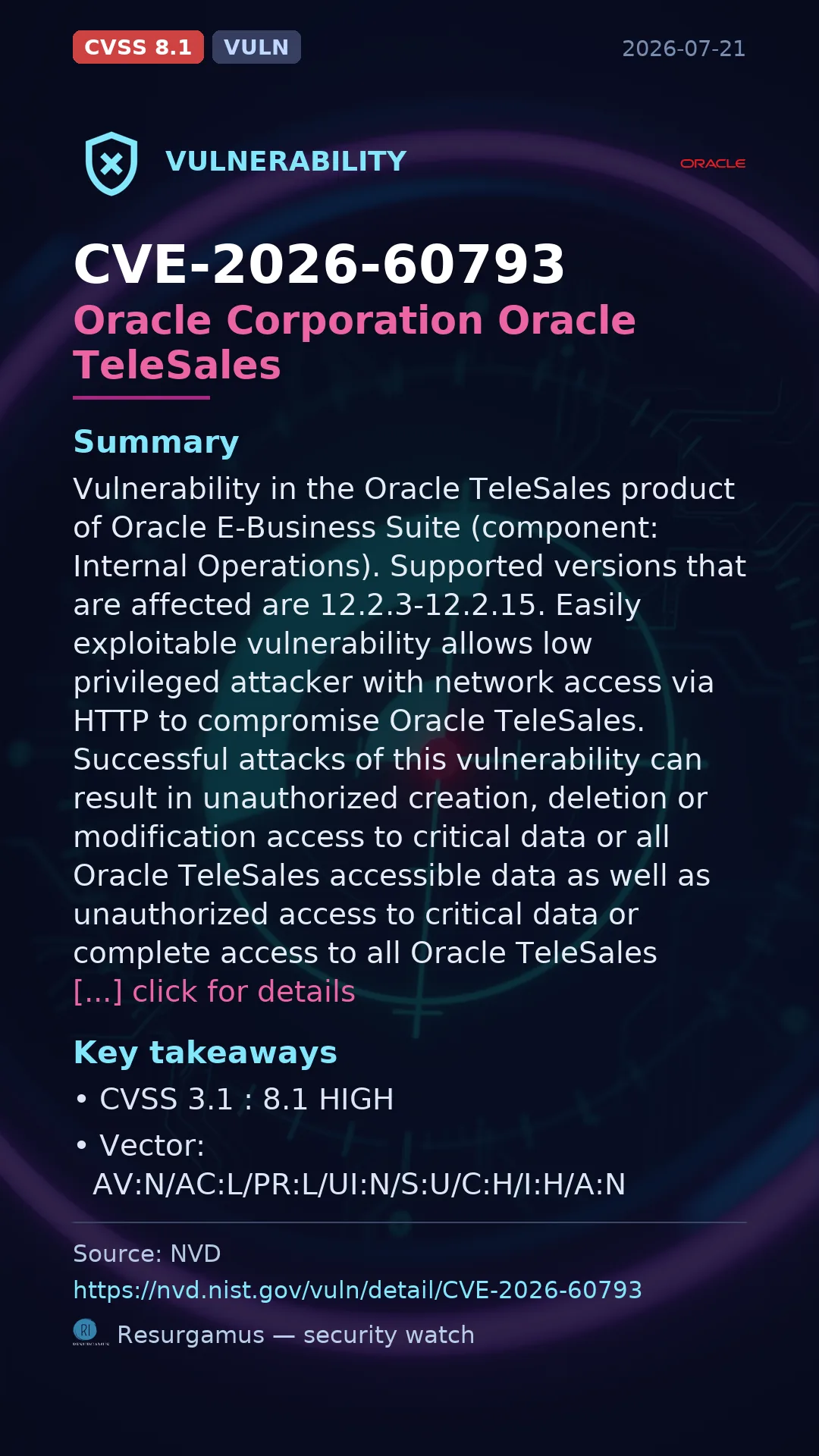 CVE-2026-60793 Oracle Corporation Oracle TeleSales Vulnerability