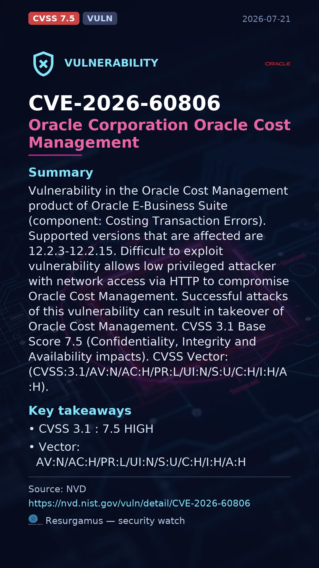 CVE-2026-60806 Oracle Corporation Oracle Cost Management Vulnerability