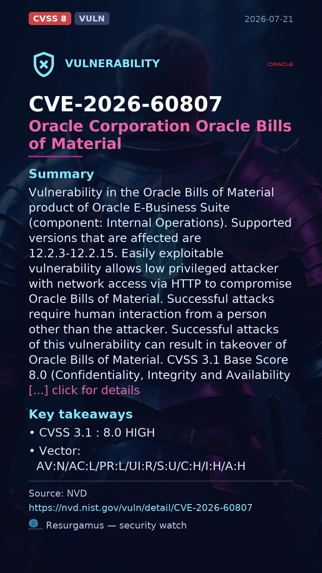 CVE-2026-60807 Oracle Corporation Oracle Bills of Material Vulnerability