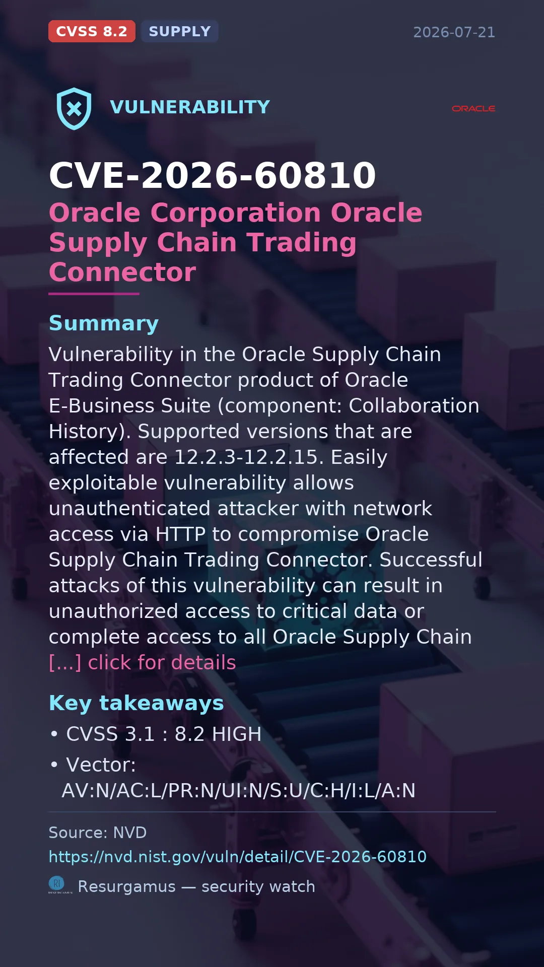 CVE-2026-60810 Oracle Corporation Oracle Supply Chain Trading Connector Vulnerability