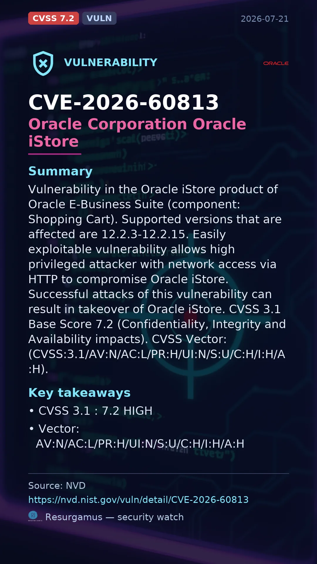 CVE-2026-60813 Oracle Corporation Oracle iStore Vulnerability