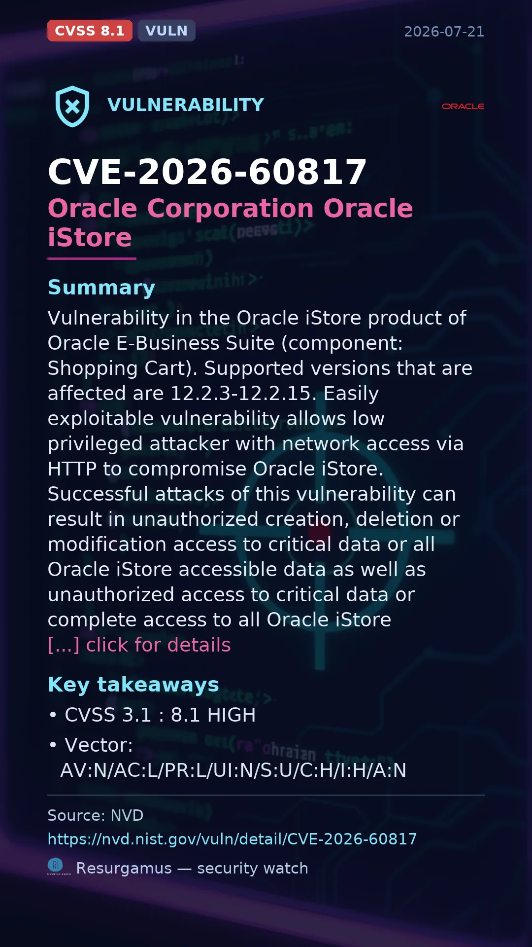 CVE-2026-60817 Oracle Corporation Oracle iStore Vulnerability