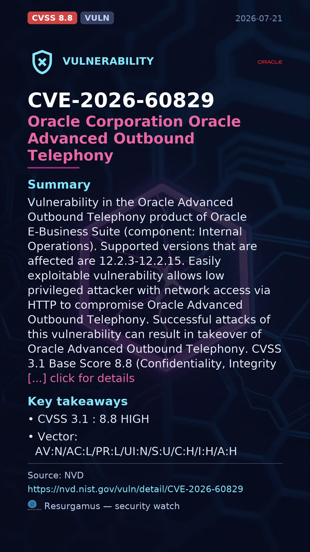 CVE-2026-60829 Oracle Corporation Oracle Advanced Outbound Telephony Vulnerability
