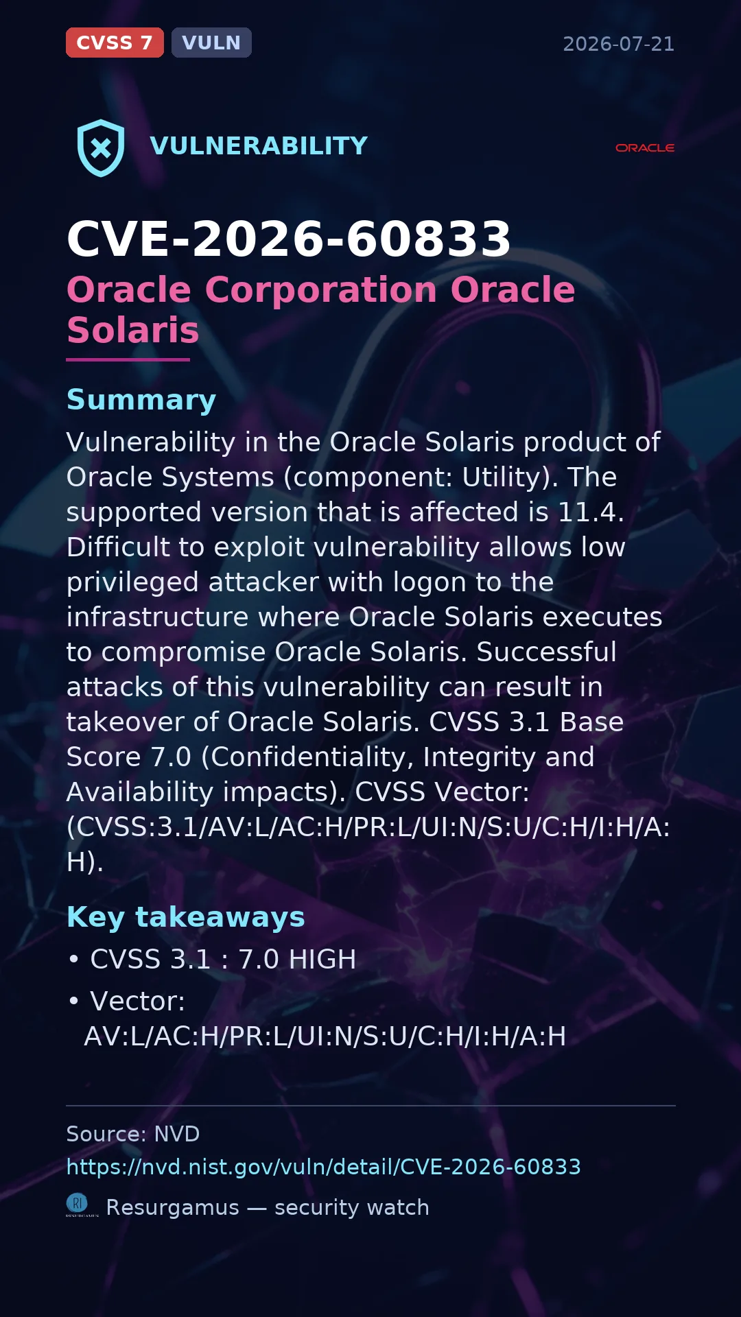 CVE-2026-60833 Oracle Corporation Oracle Solaris Vulnerability
