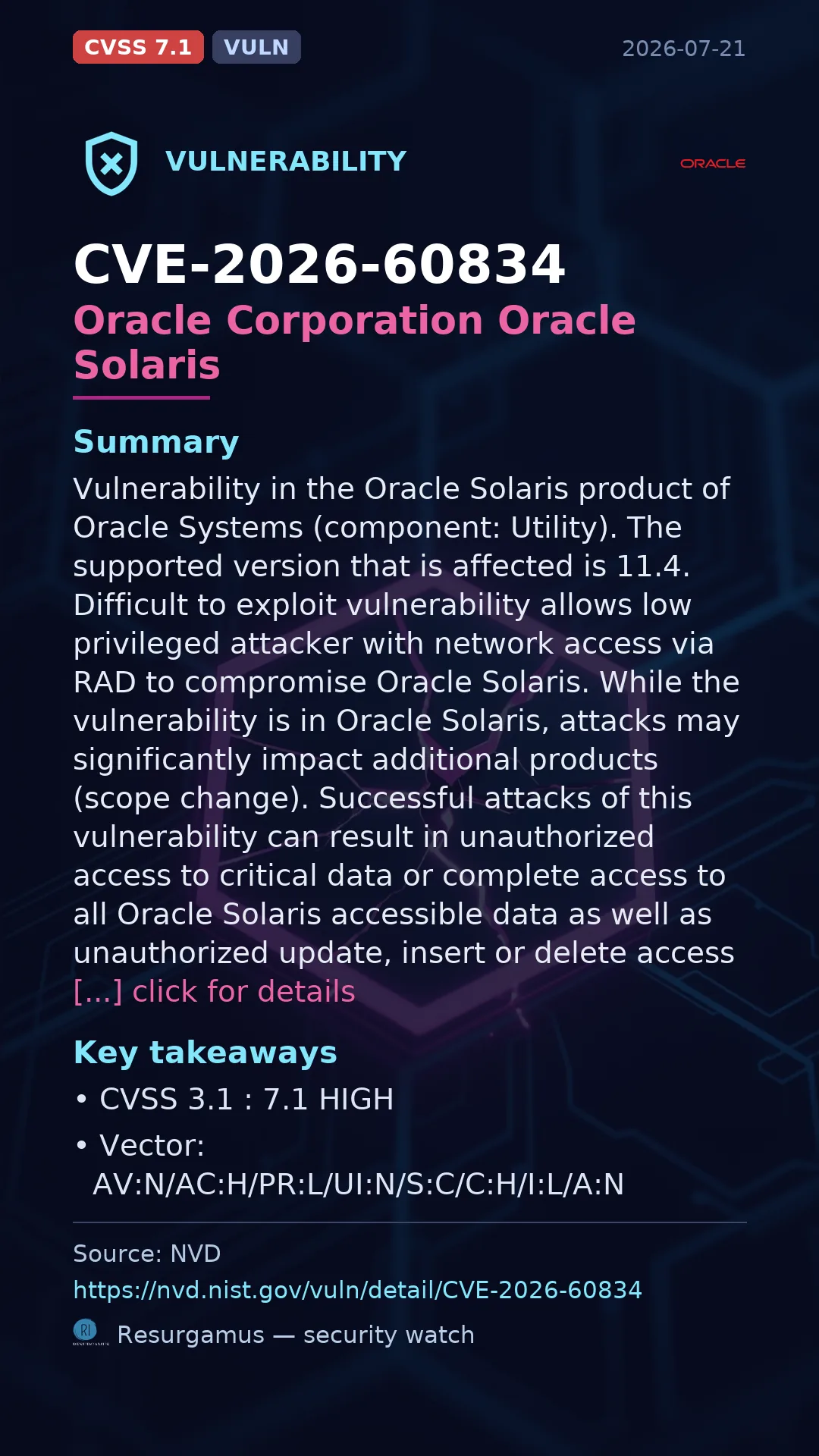CVE-2026-60834 Oracle Corporation Oracle Solaris Vulnerability