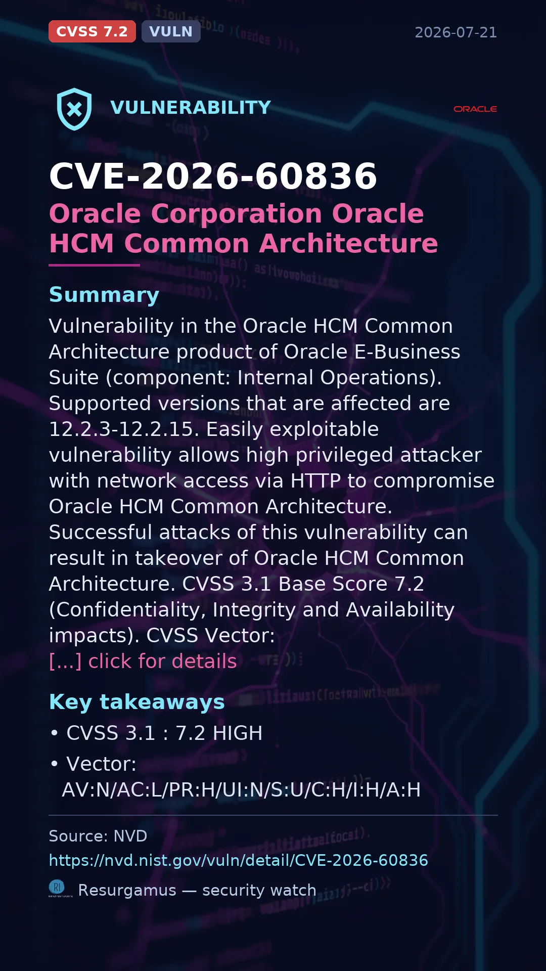 CVE-2026-60836 Oracle Corporation Oracle HCM Common Architecture Vulnerability