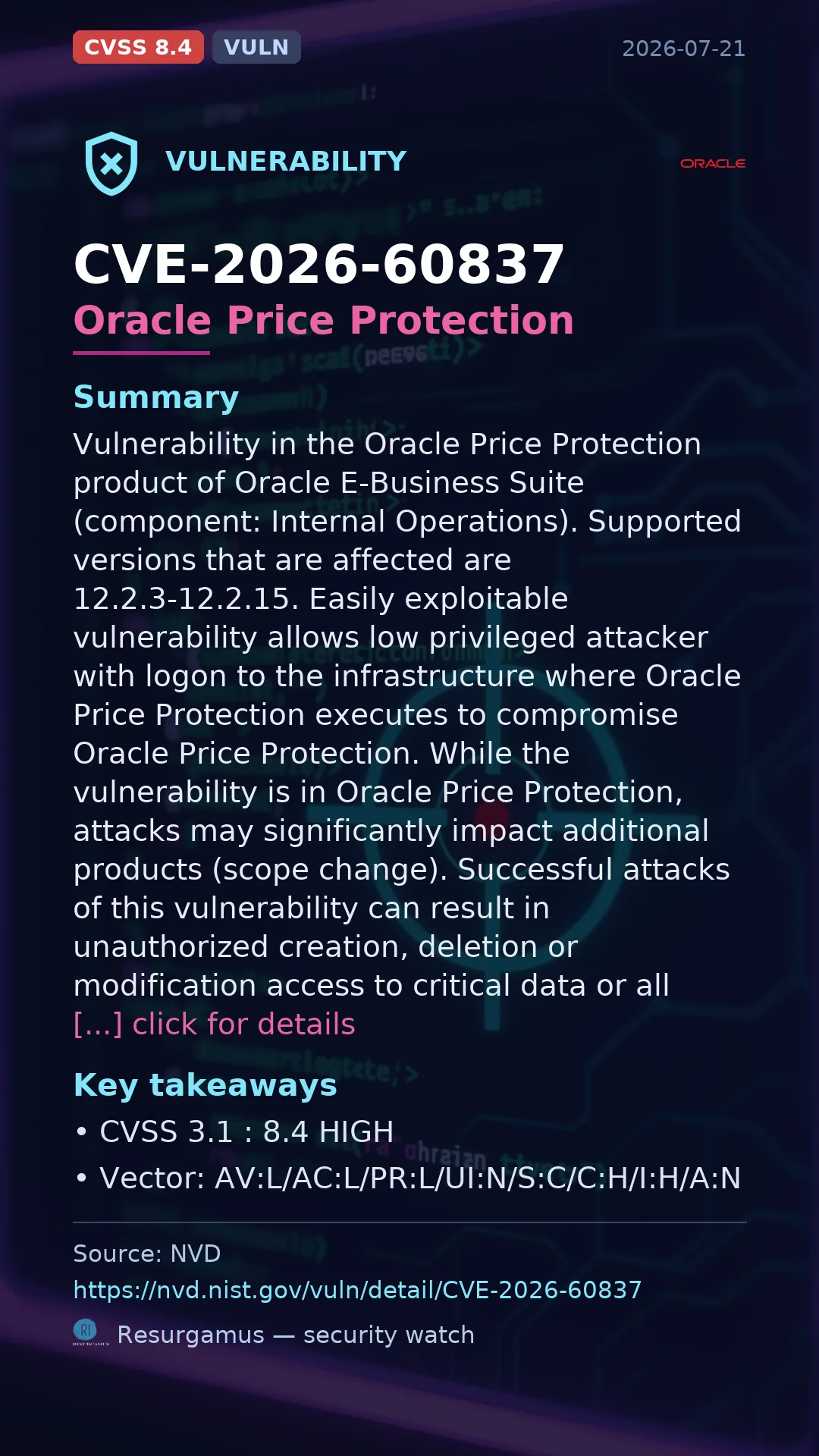 CVE-2026-60837 Oracle Corporation Oracle Price Protection Vulnerability