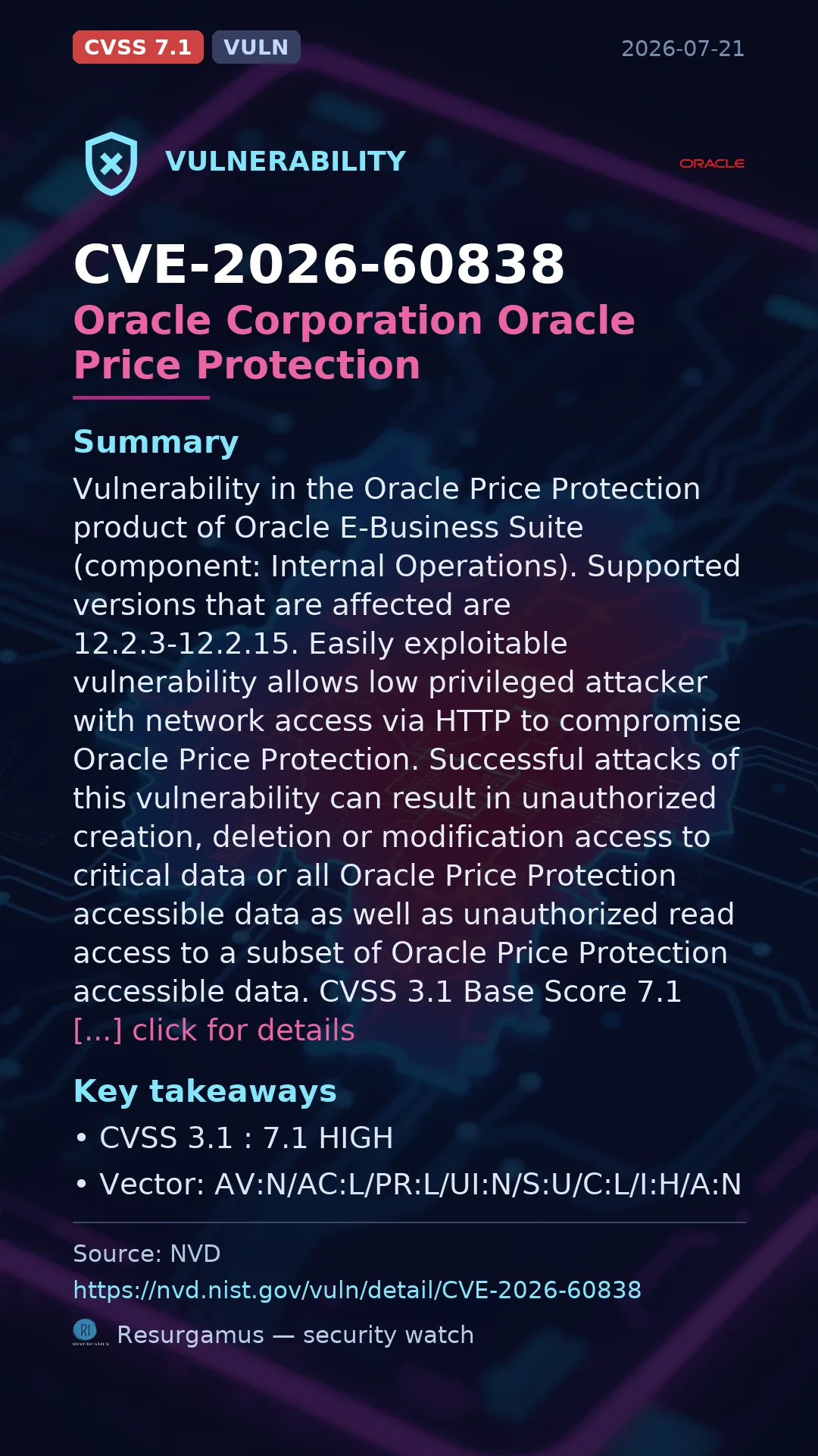 CVE-2026-60838 Oracle Corporation Oracle Price Protection Vulnerability