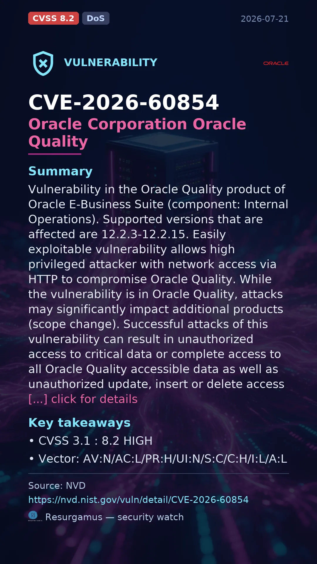 CVE-2026-60854 Oracle Corporation Oracle Quality Vulnerability