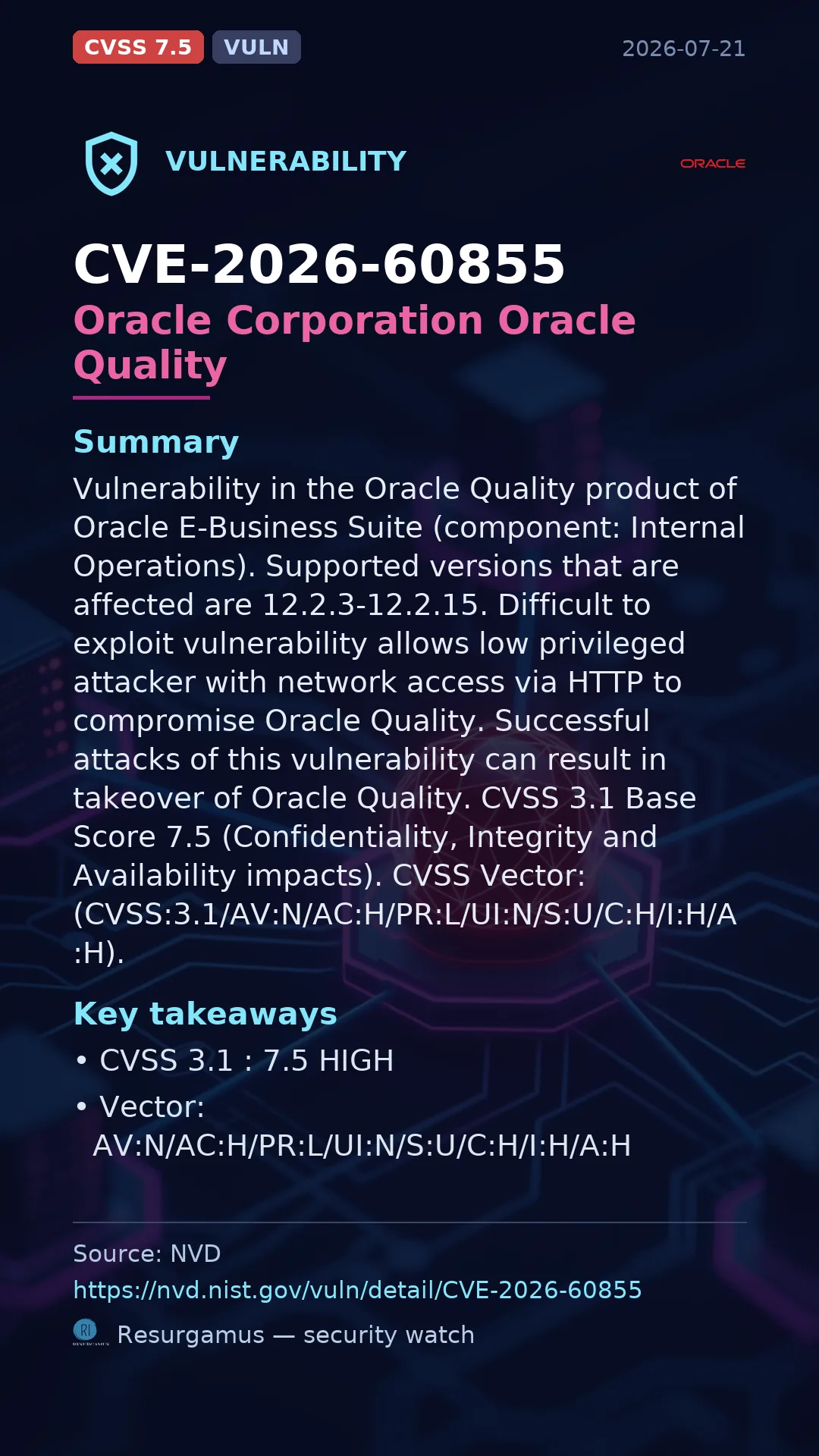 CVE-2026-60855 Oracle Corporation Oracle Quality Vulnerability