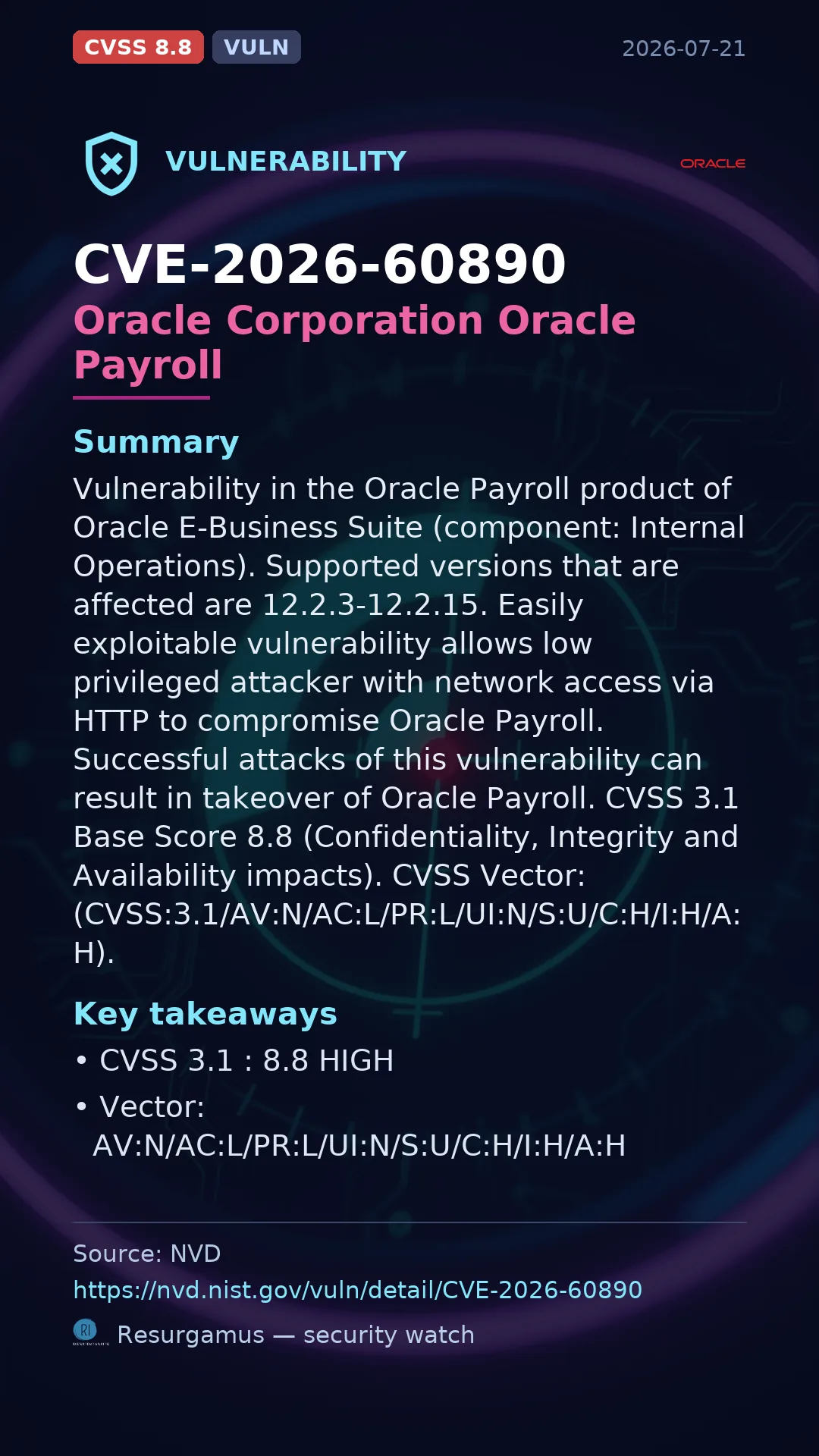 CVE-2026-60890 Oracle Corporation Oracle Payroll Vulnerability