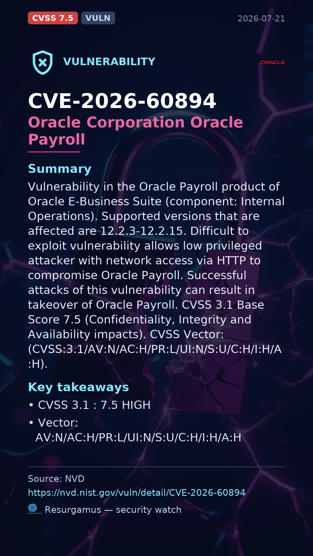 CVE-2026-60894 Oracle Corporation Oracle Payroll Vulnerability