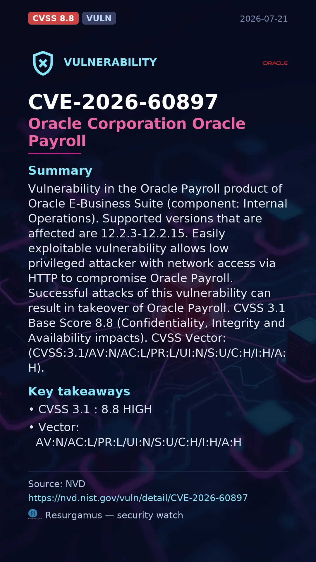 CVE-2026-60897 Oracle Corporation Oracle Payroll Vulnerability