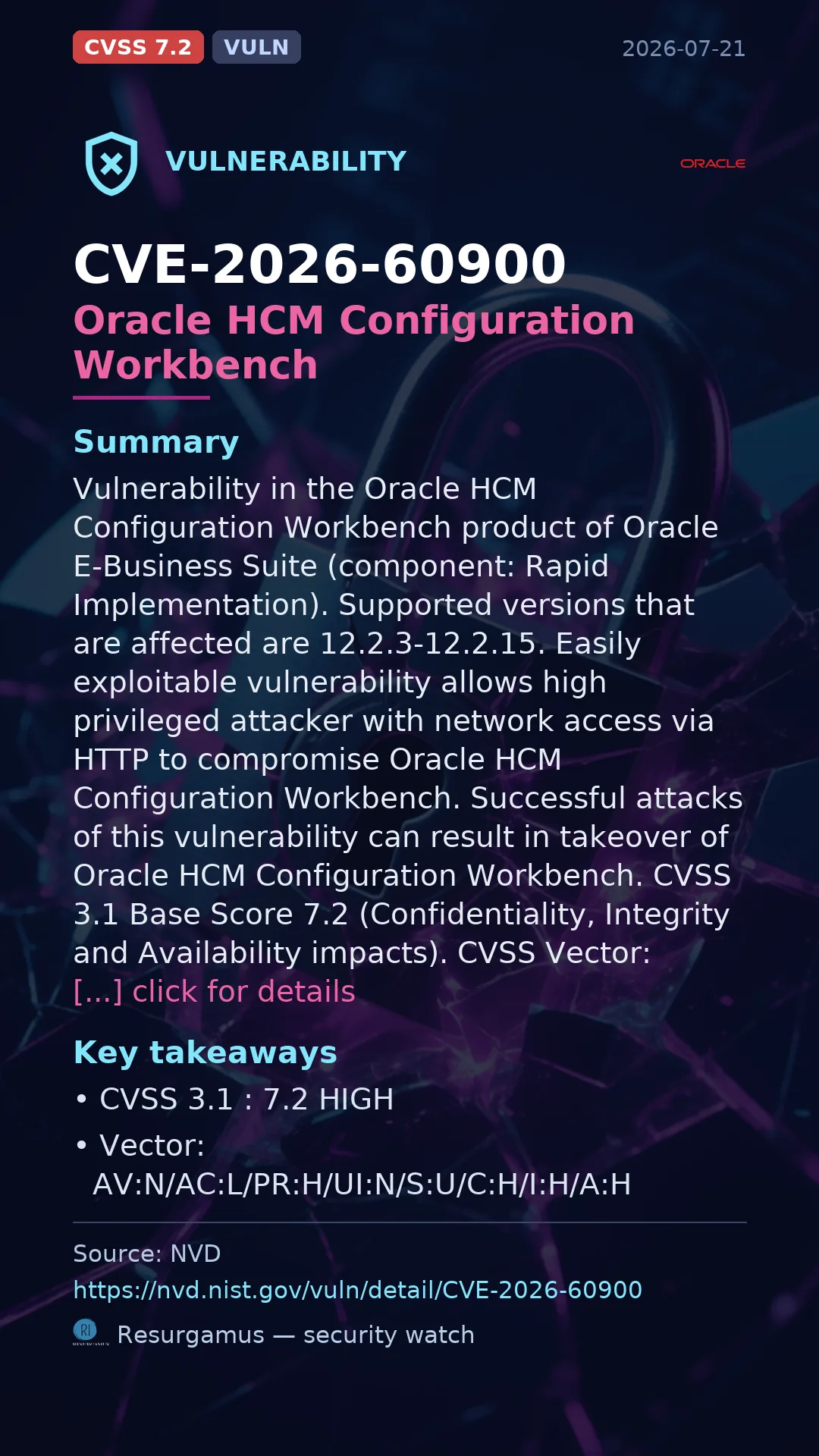 CVE-2026-60900 Oracle HCM Configuration Workbench Vulnerability