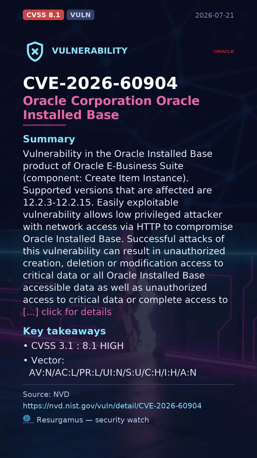 CVE-2026-60904 Oracle Corporation Oracle Installed Base Vulnerability