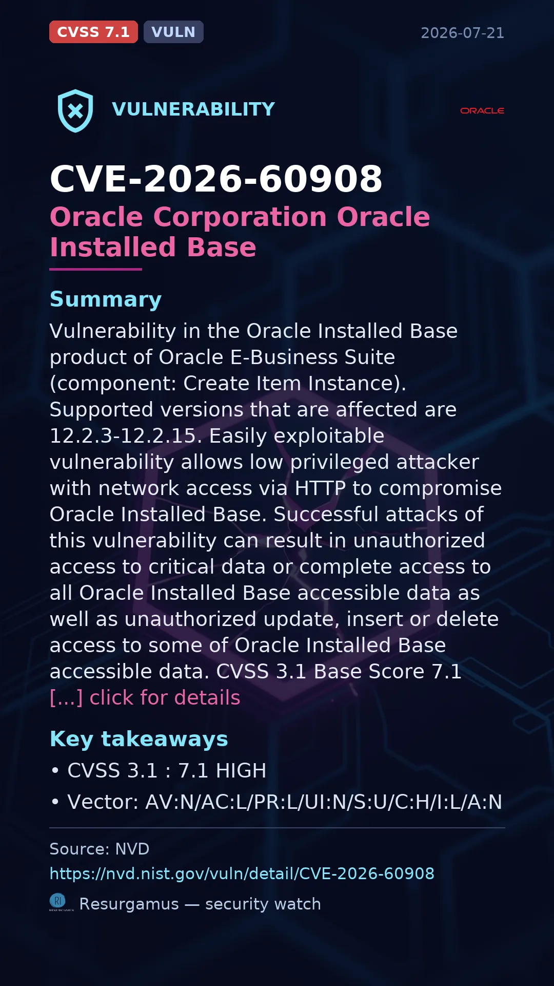 CVE-2026-60908 Oracle Corporation Oracle Installed Base Vulnerability