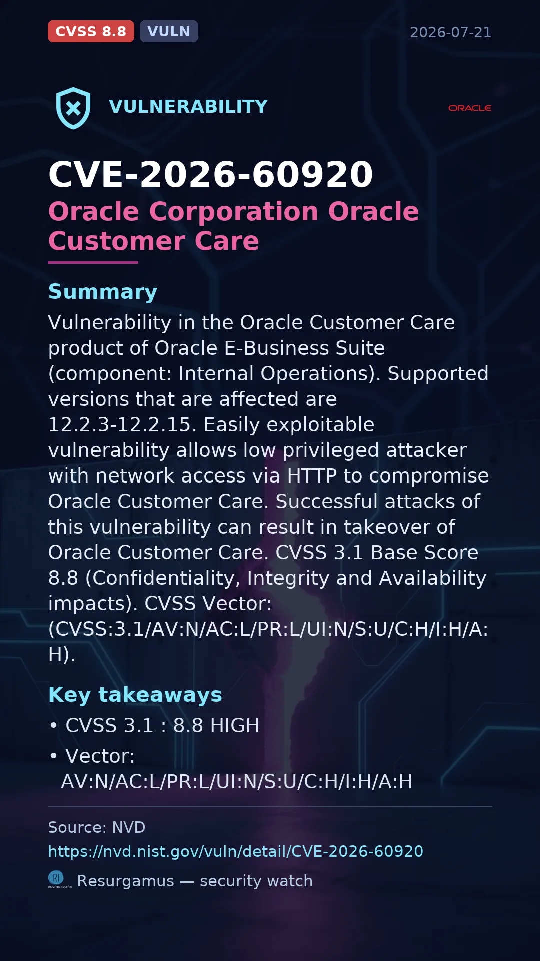 CVE-2026-60920 Oracle Corporation Oracle Customer Care Vulnerability