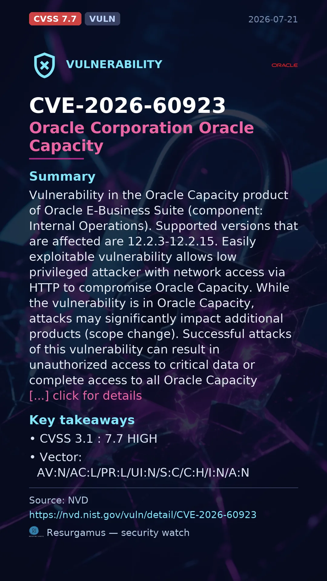 CVE-2026-60923 Oracle Corporation Oracle Capacity Vulnerability