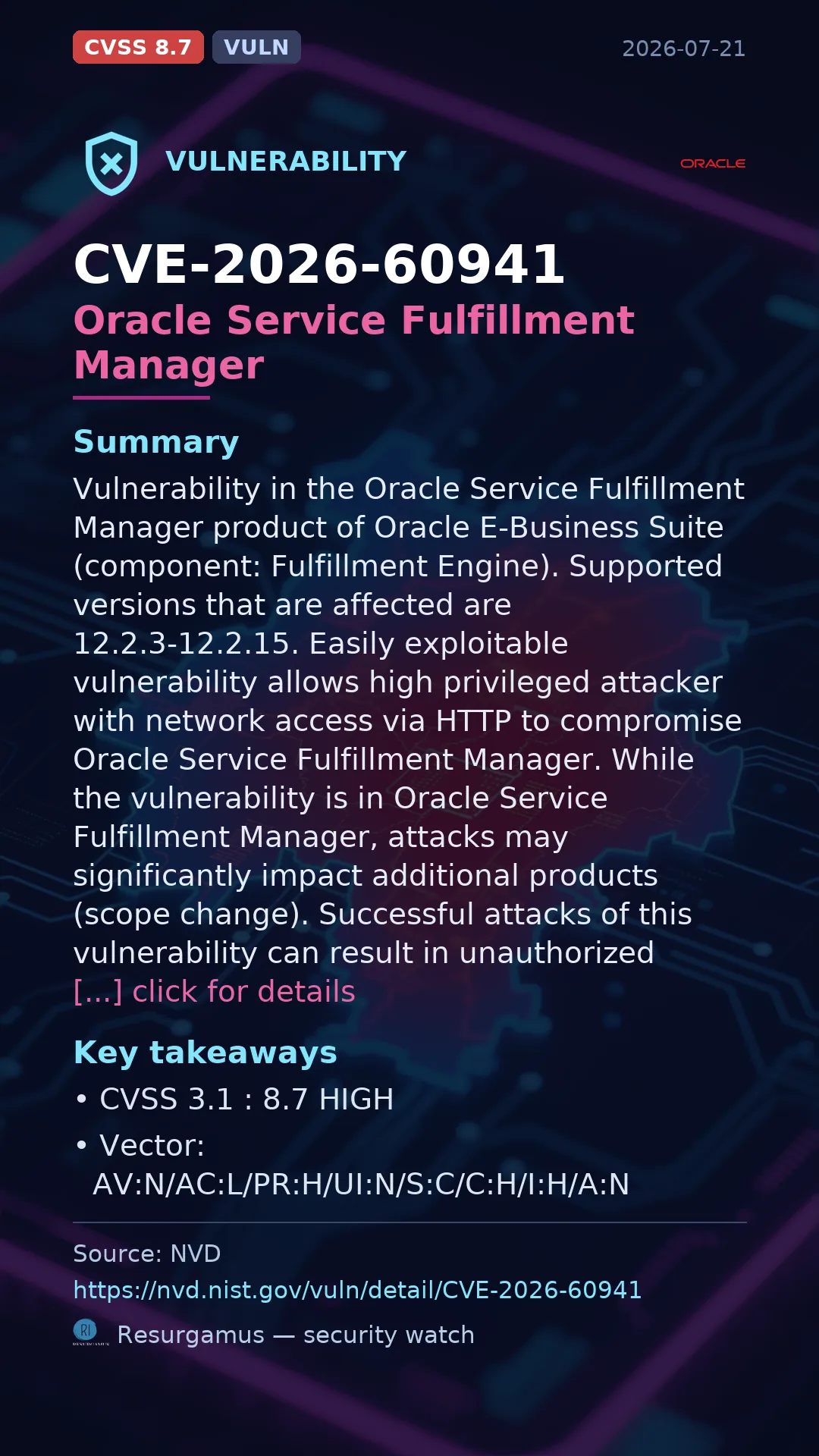 CVE-2026-60941 Oracle Service Fulfillment Manager Vulnerability