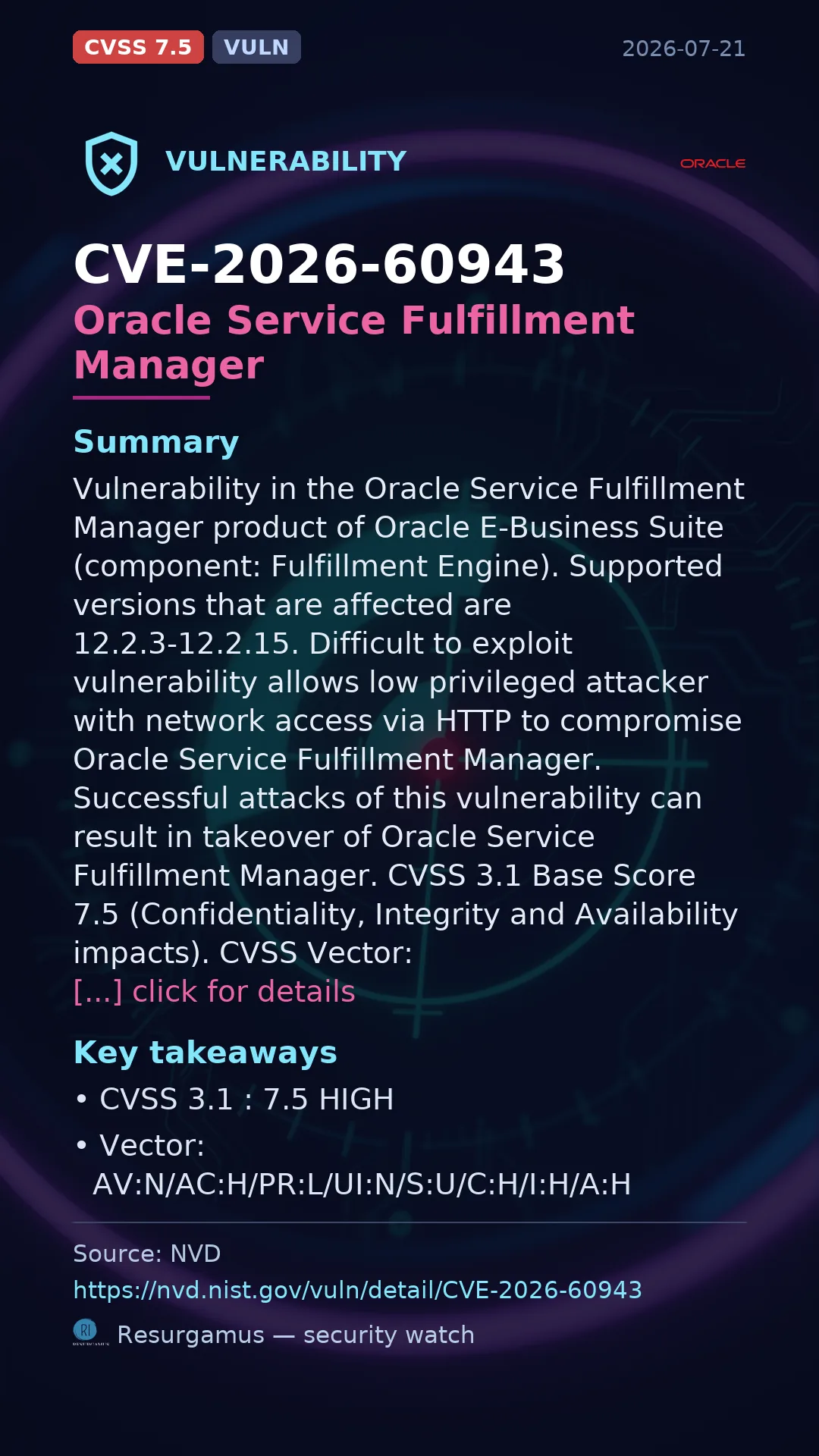 CVE-2026-60943 Oracle Service Fulfillment Manager Vulnerability