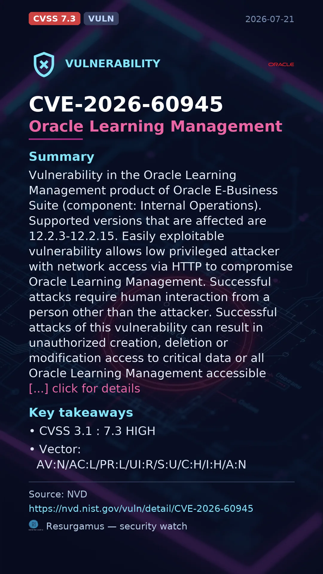 CVE-2026-60945 Oracle Learning Management Vulnerability