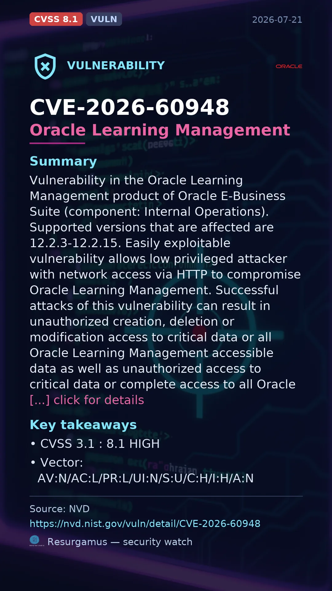 CVE-2026-60948 Oracle Learning Management Vulnerability