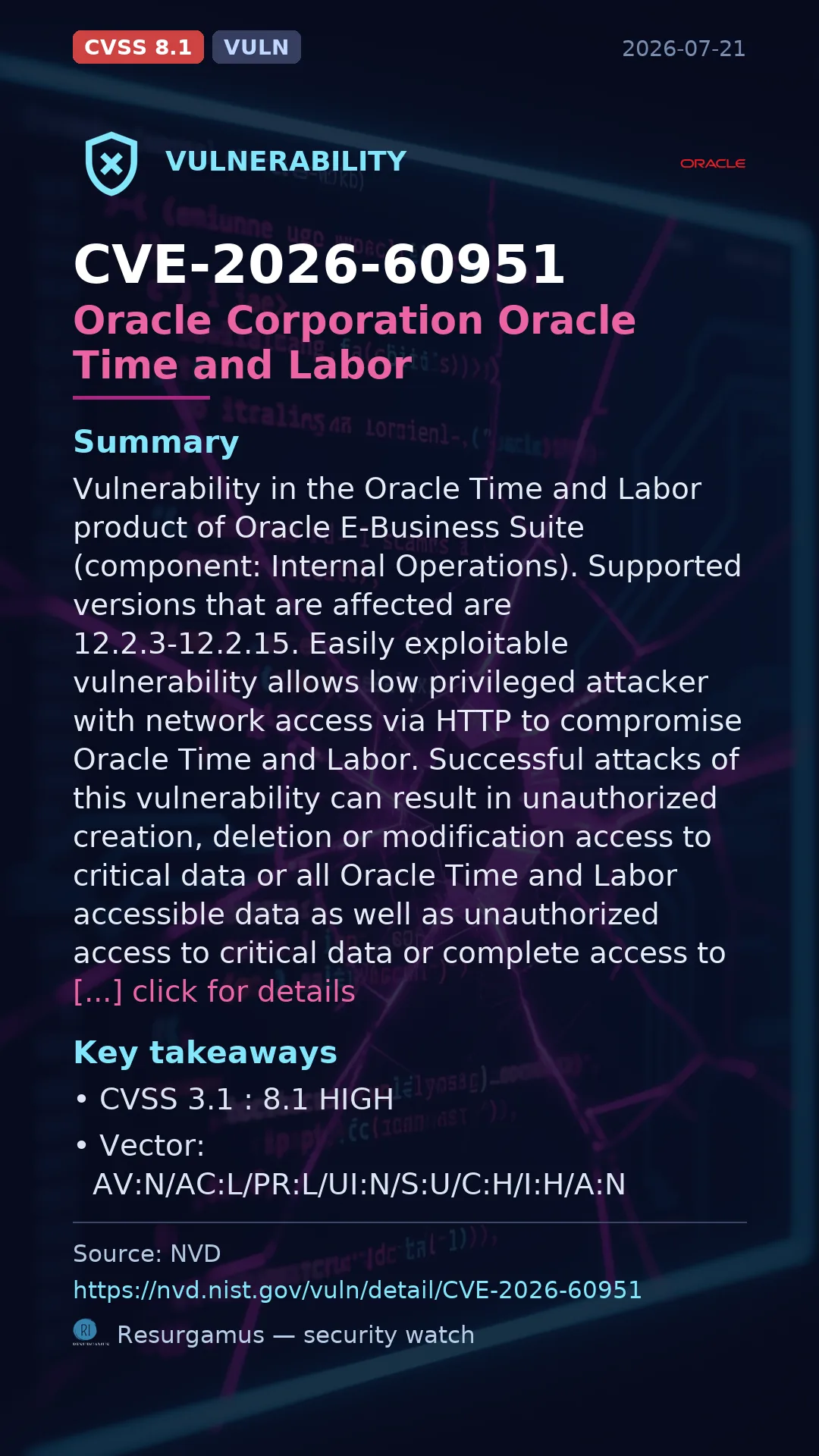 CVE-2026-60951 Oracle Corporation Oracle Time and Labor Vulnerability