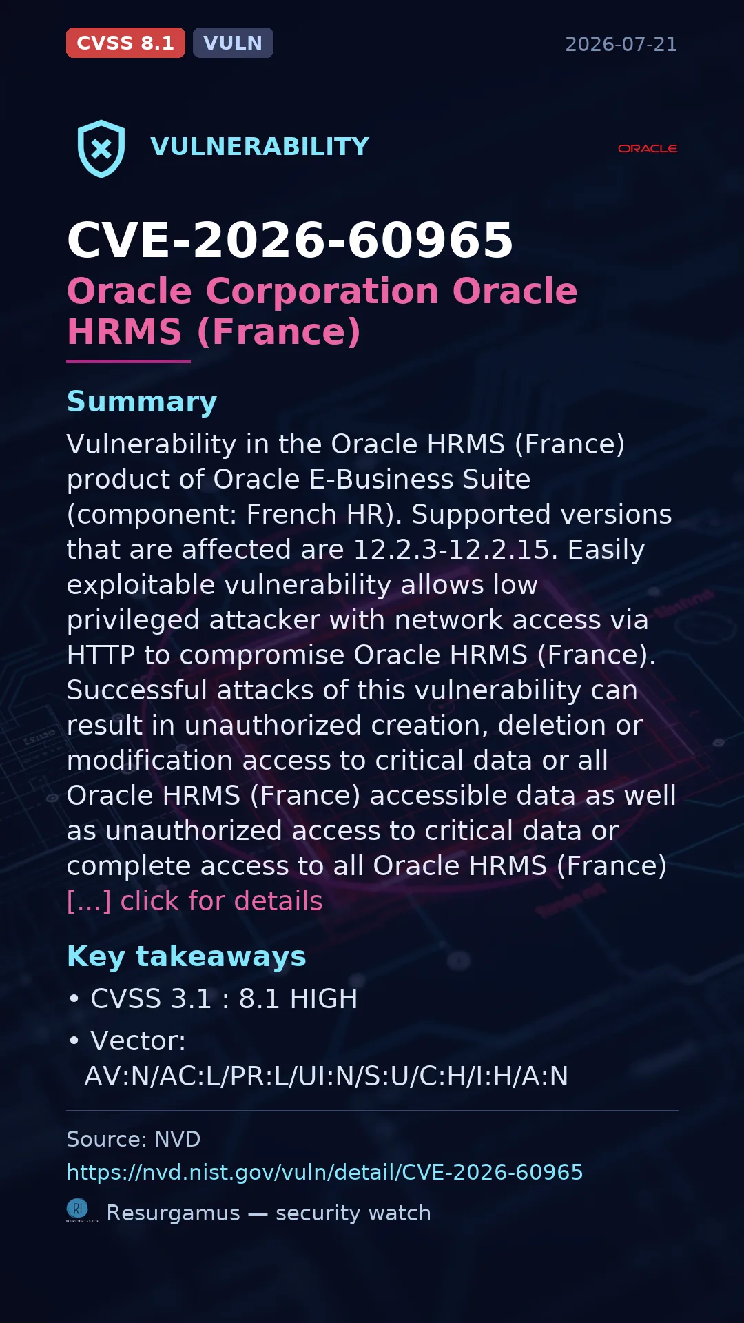 CVE-2026-60965 Oracle Corporation Oracle HRMS (France) Vulnerability