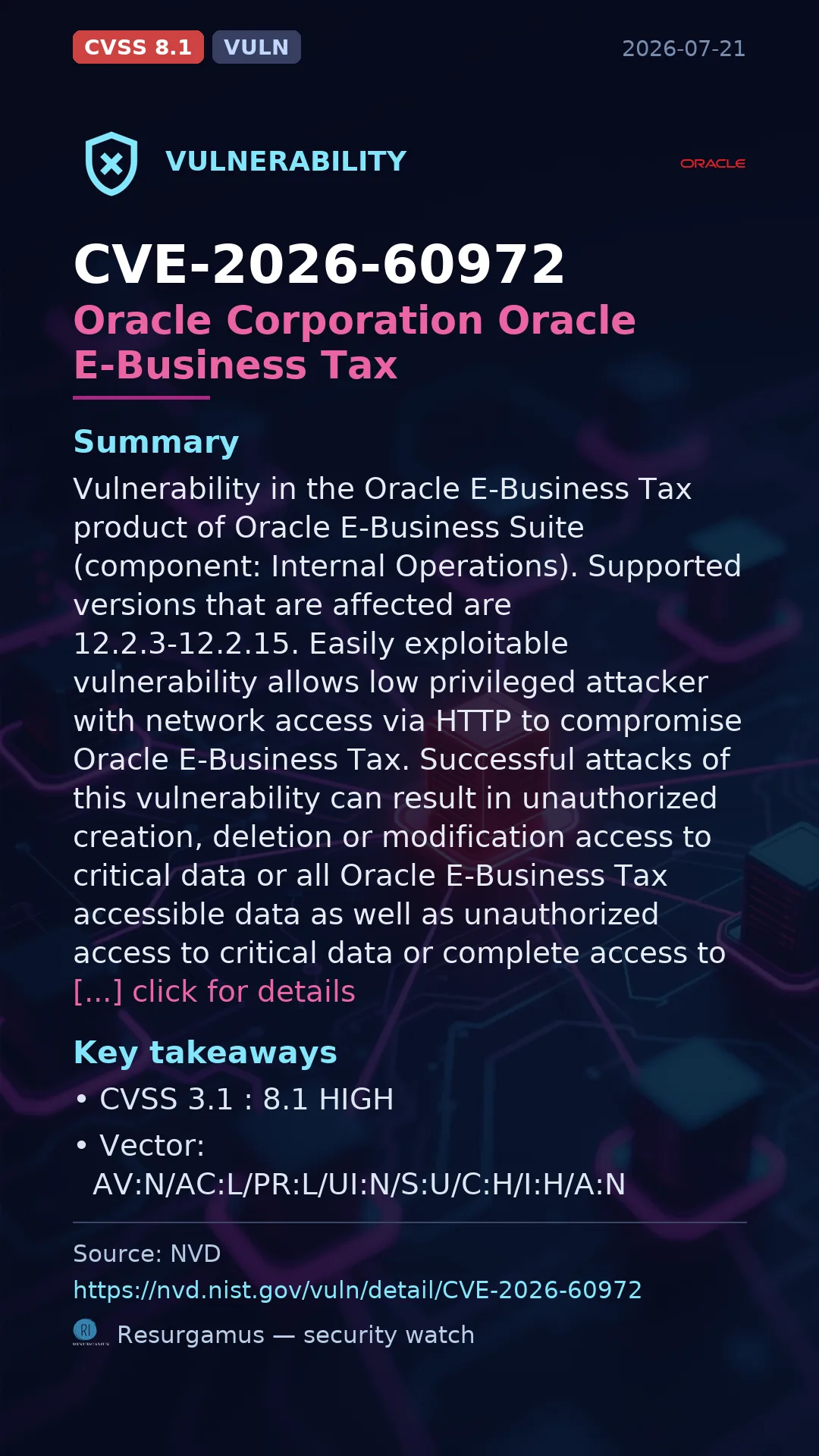 CVE-2026-60972 Oracle Corporation Oracle E-Business Tax Vulnerability
