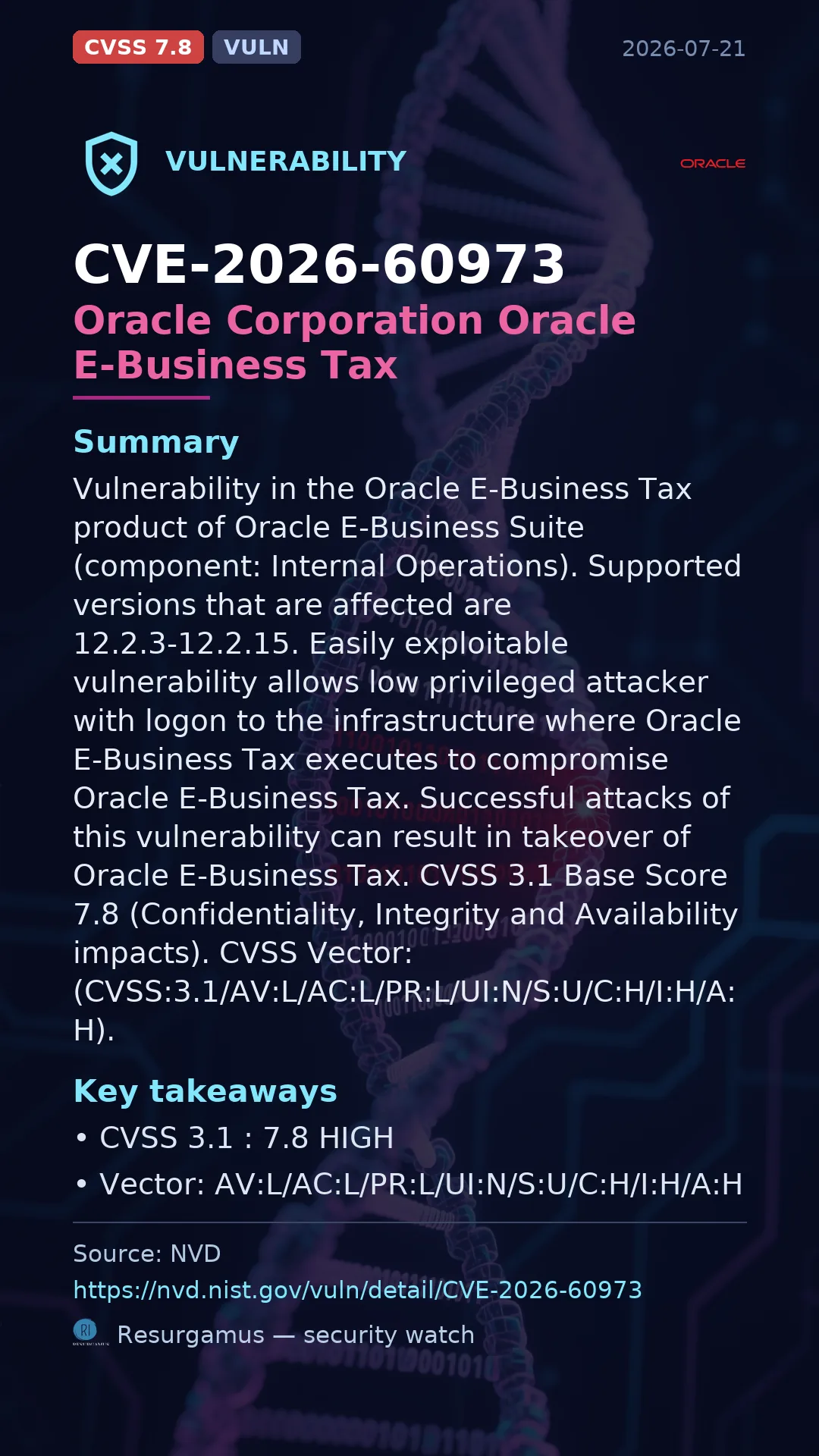CVE-2026-60973 Oracle Corporation Oracle E-Business Tax Vulnerability