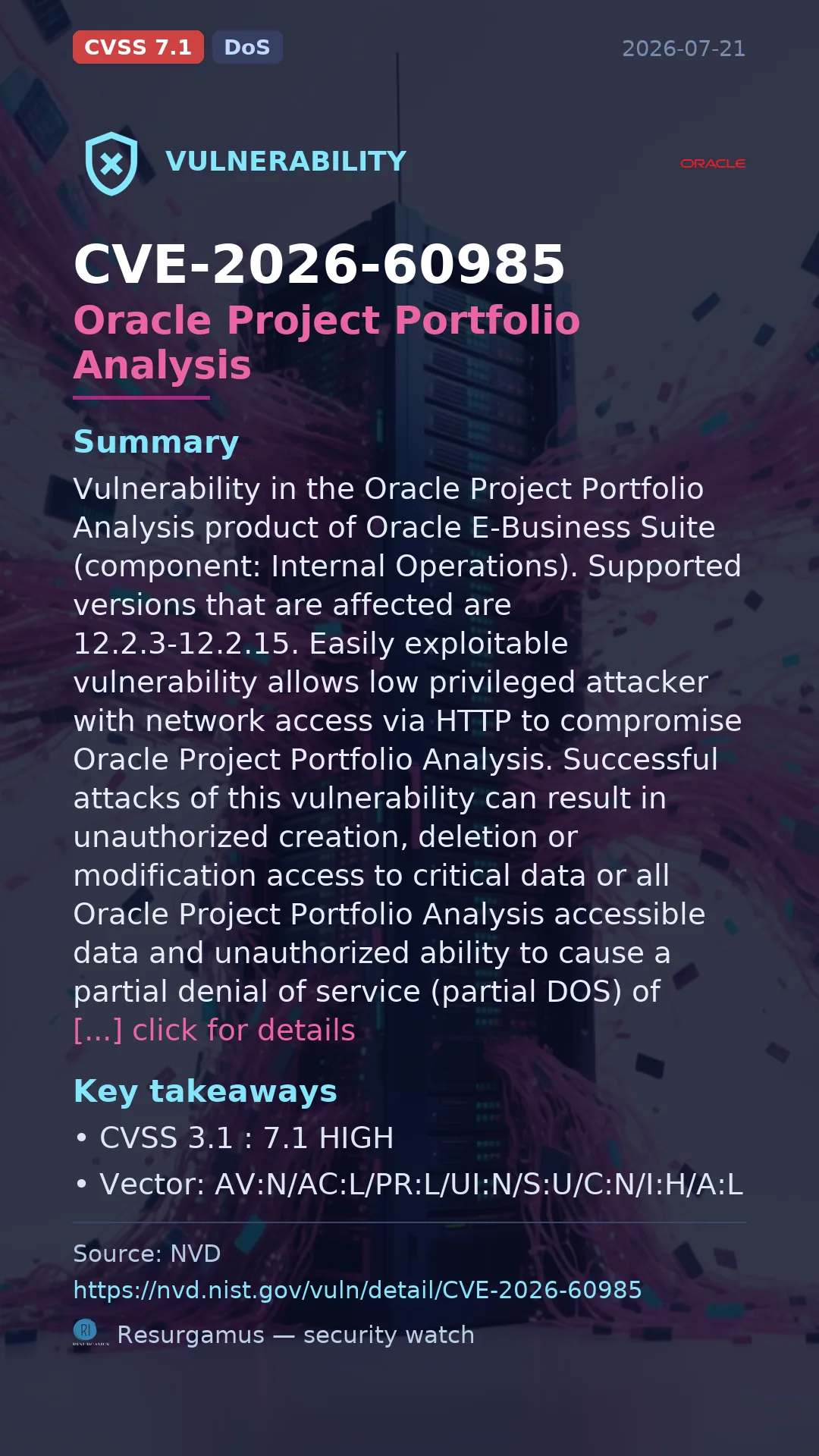 CVE-2026-60985 Oracle Project Portfolio Analysis Vulnerability