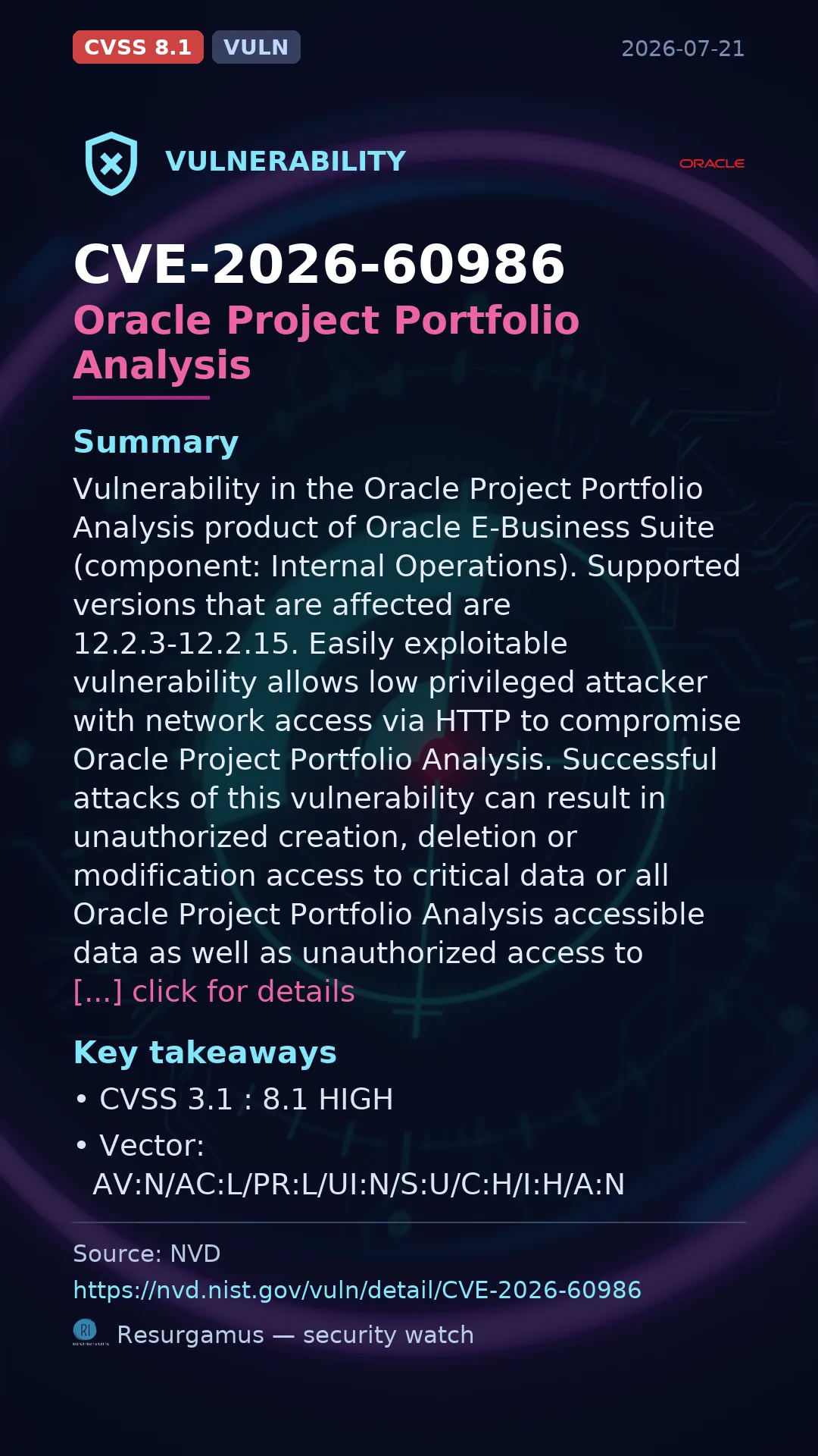 CVE-2026-60986 Oracle Project Portfolio Analysis Vulnerability