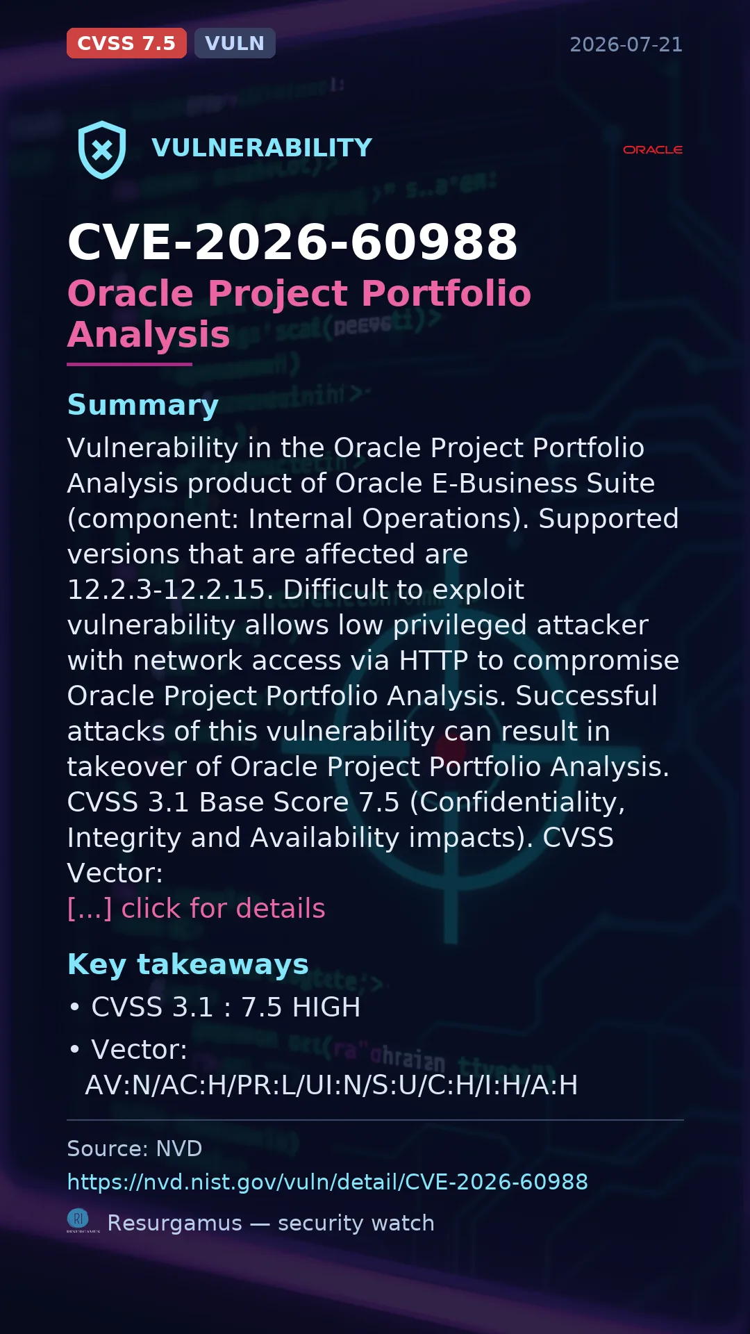 CVE-2026-60988 Oracle Project Portfolio Analysis Vulnerability