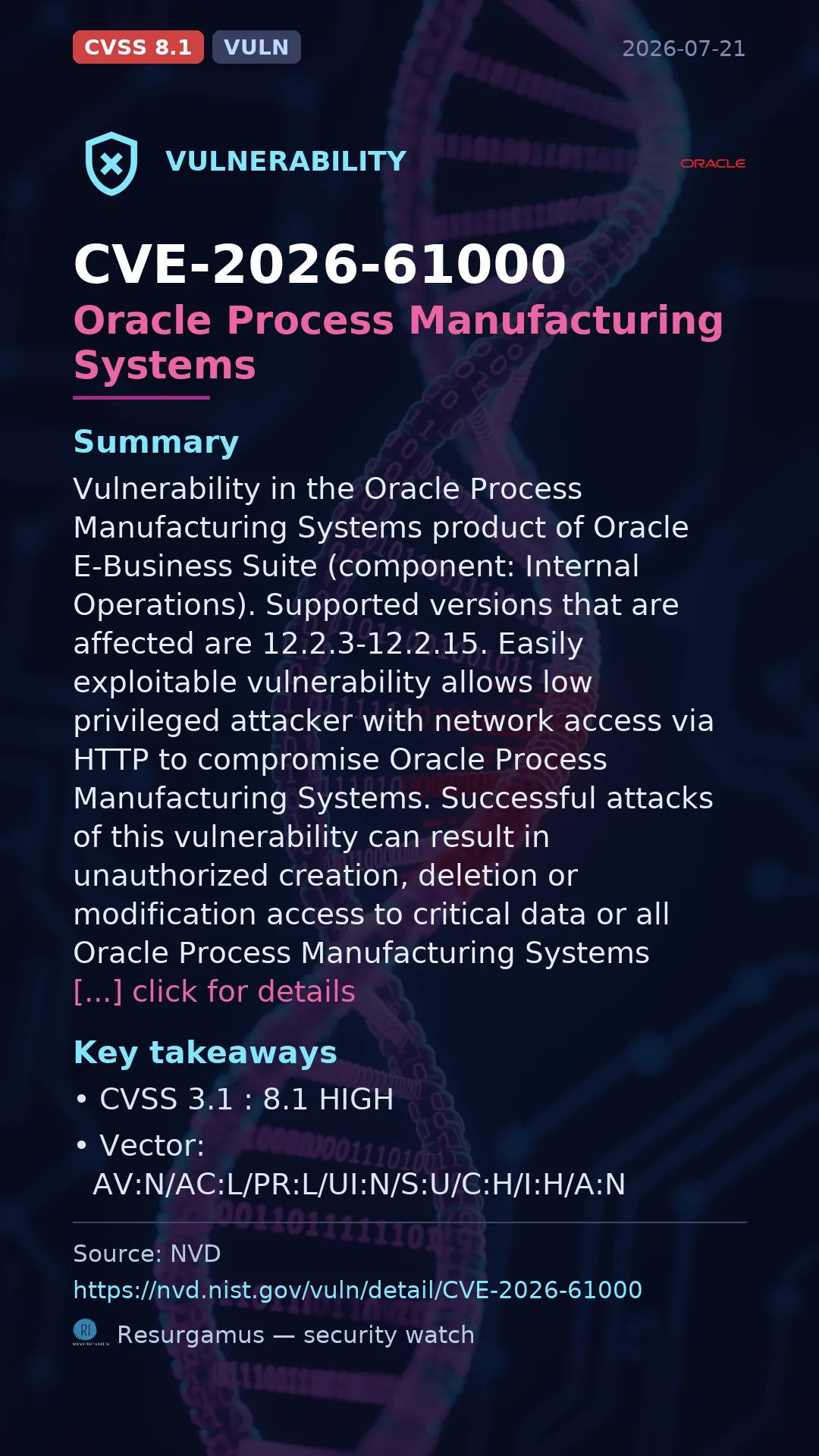 CVE-2026-61000 Oracle Process Manufacturing Systems Vulnerability