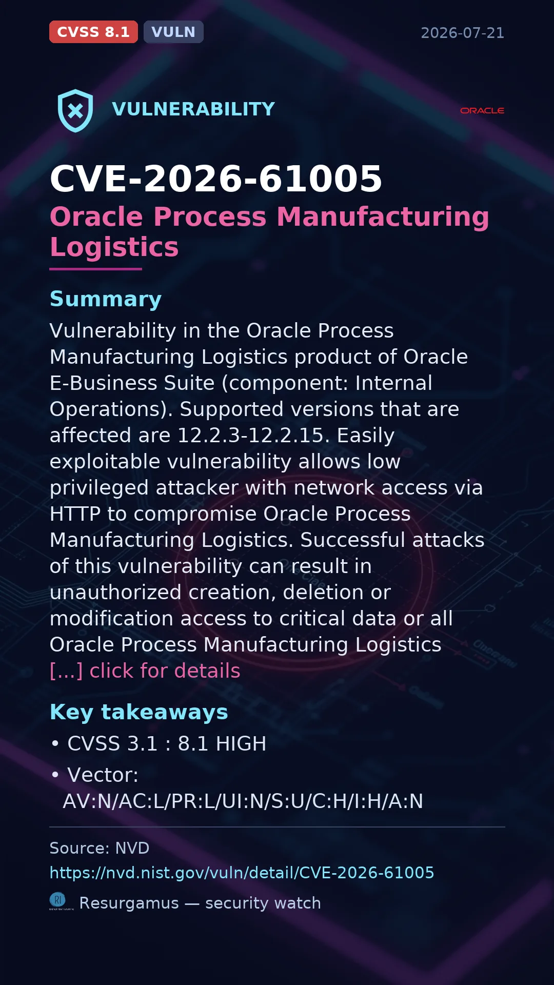 CVE-2026-61005 Oracle Process Manufacturing Logistics Vulnerability